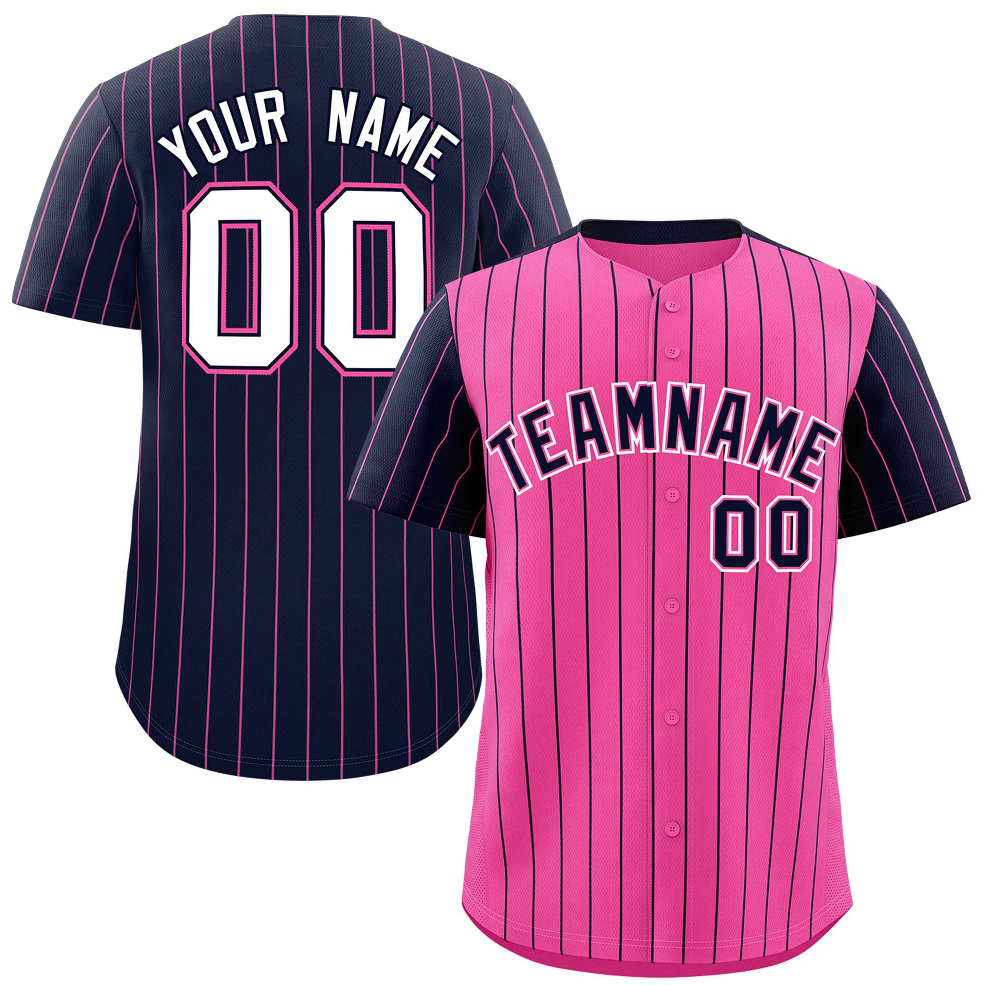 Custom Pink Navy Pinstripe Personalized Raglan Sleeves Authentic Baseball Jersey