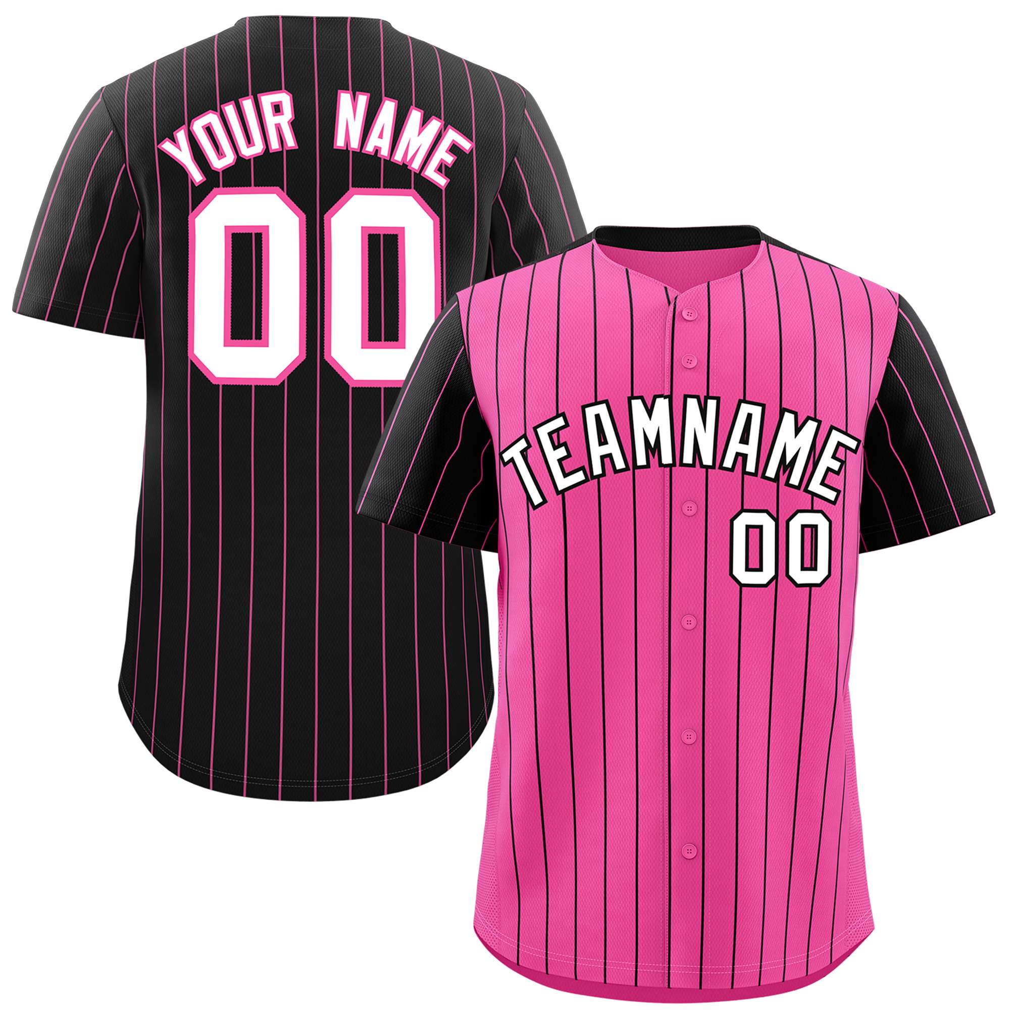 Custom Pink Black Pinstripe Personalized Raglan Sleeves Authentic Baseball Jersey