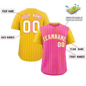 Custom Pink Gold Pinstripe Personalized Raglan Sleeves Authentic Baseball Jersey