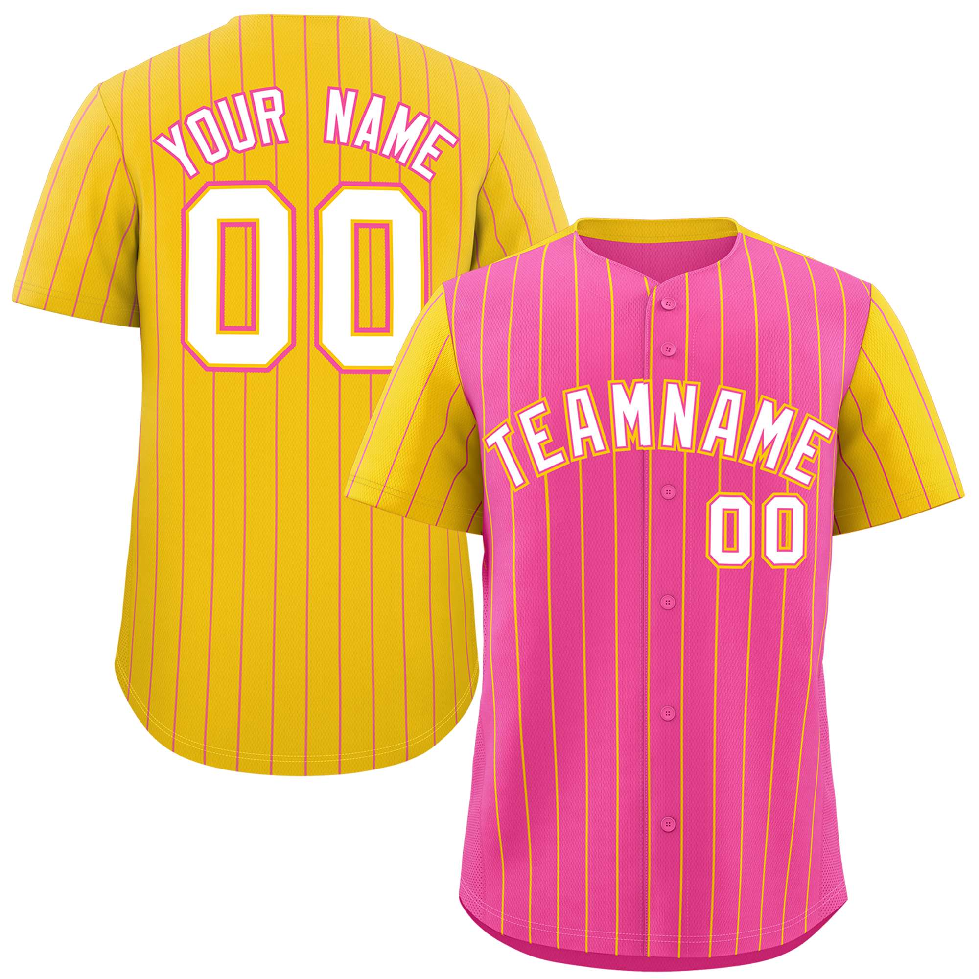 Custom Pink Gold Pinstripe Personalized Raglan Sleeves Authentic Baseball Jersey