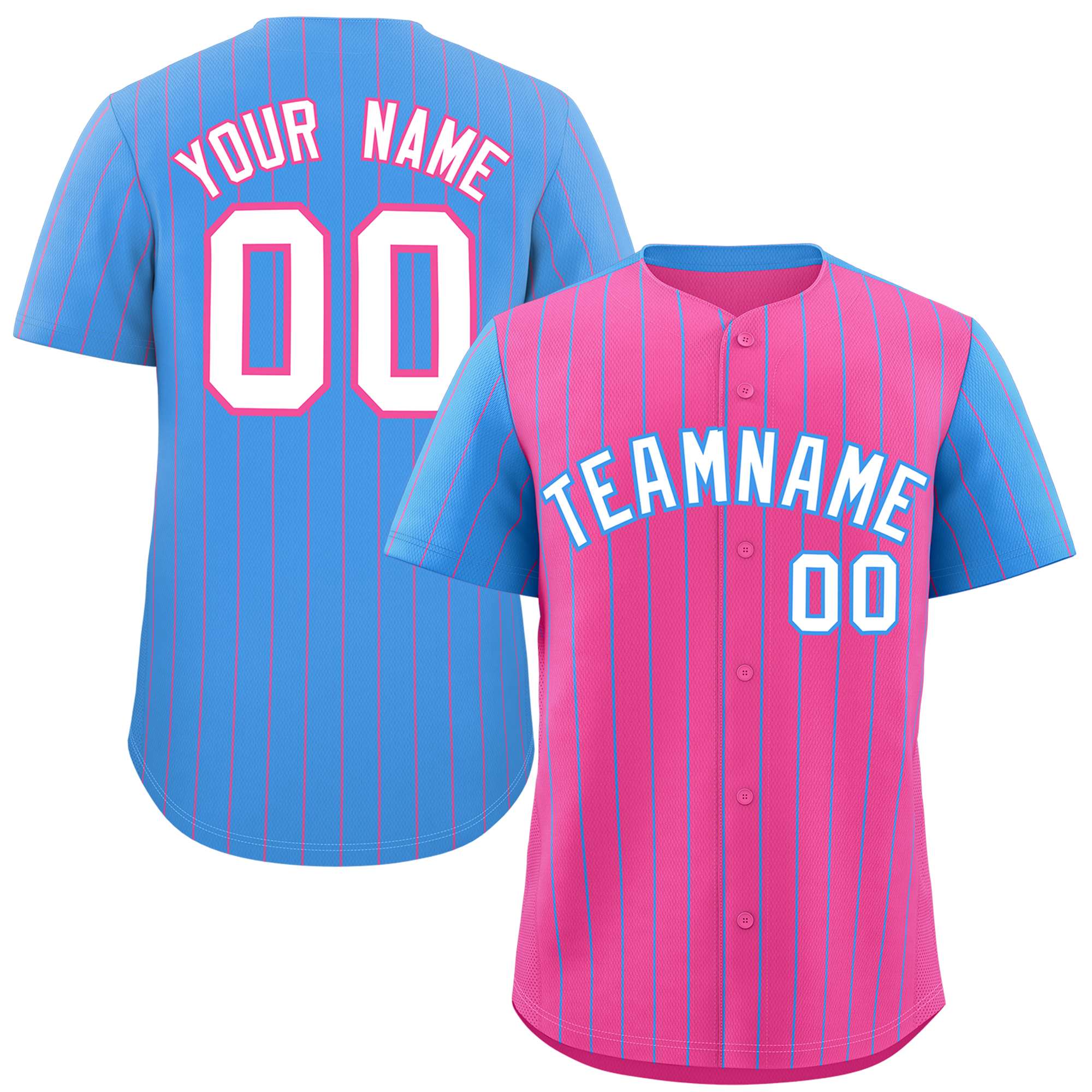 Custom Pink Powder Blue Pinstripe Personalized Raglan Sleeves Authentic Baseball Jersey