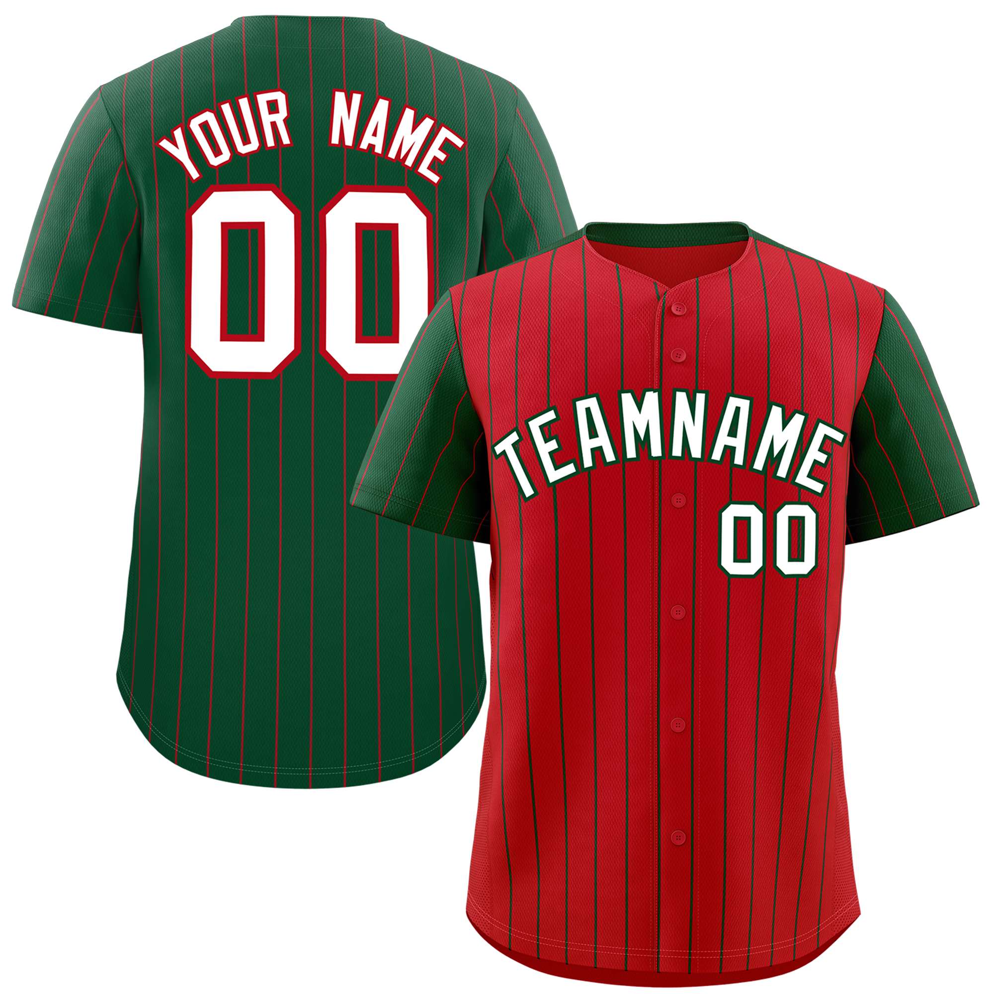 Custom Red Green Pinstripe Personalized Raglan Sleeves Authentic Baseball Jersey