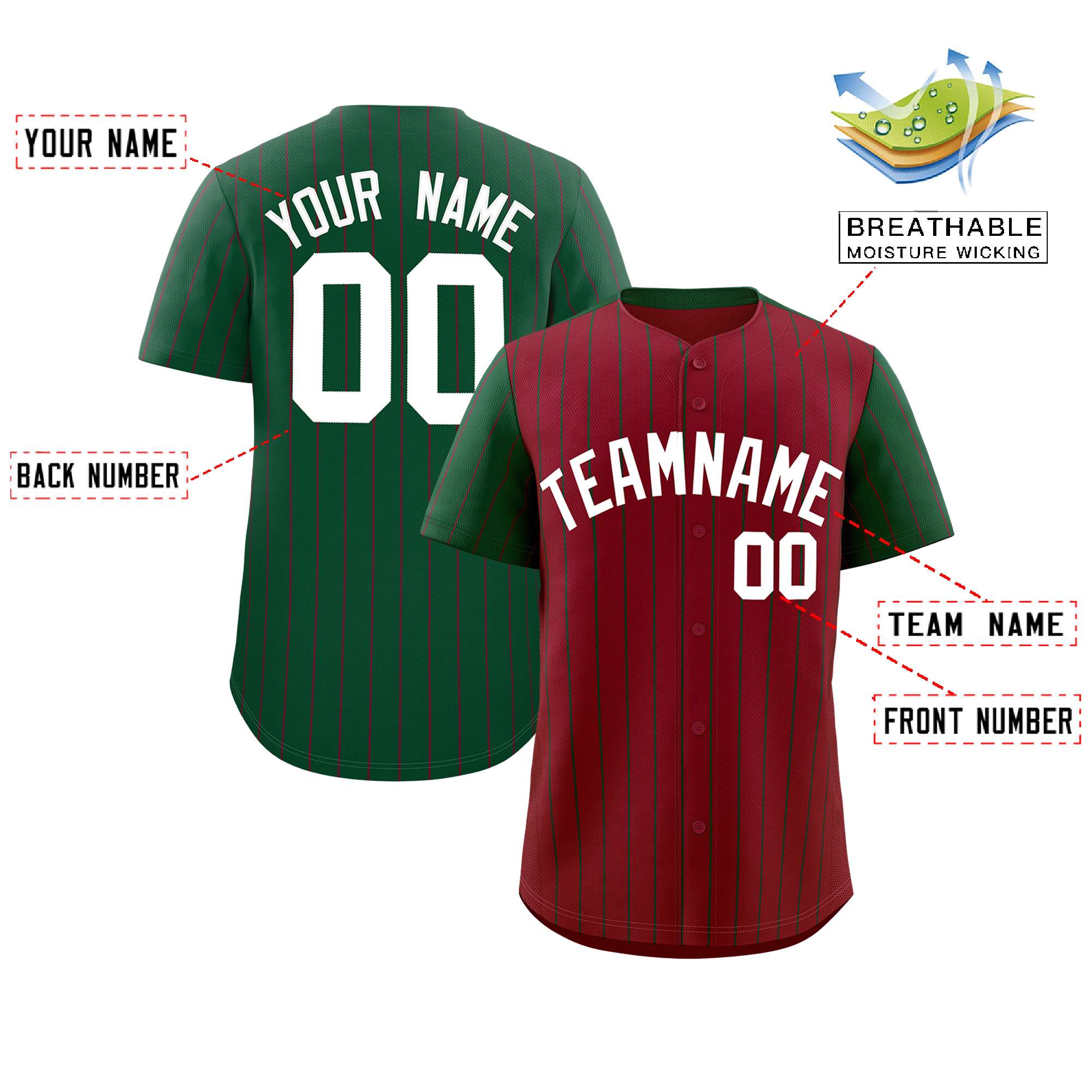 Custom Crimson Green Pinstripe Personalized Raglan Sleeves Authentic Baseball Jersey