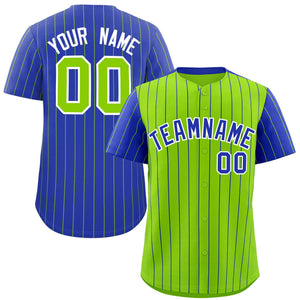 Custom Neon Green Royal Pinstripe Personalized Raglan Sleeves Authentic Baseball Jersey