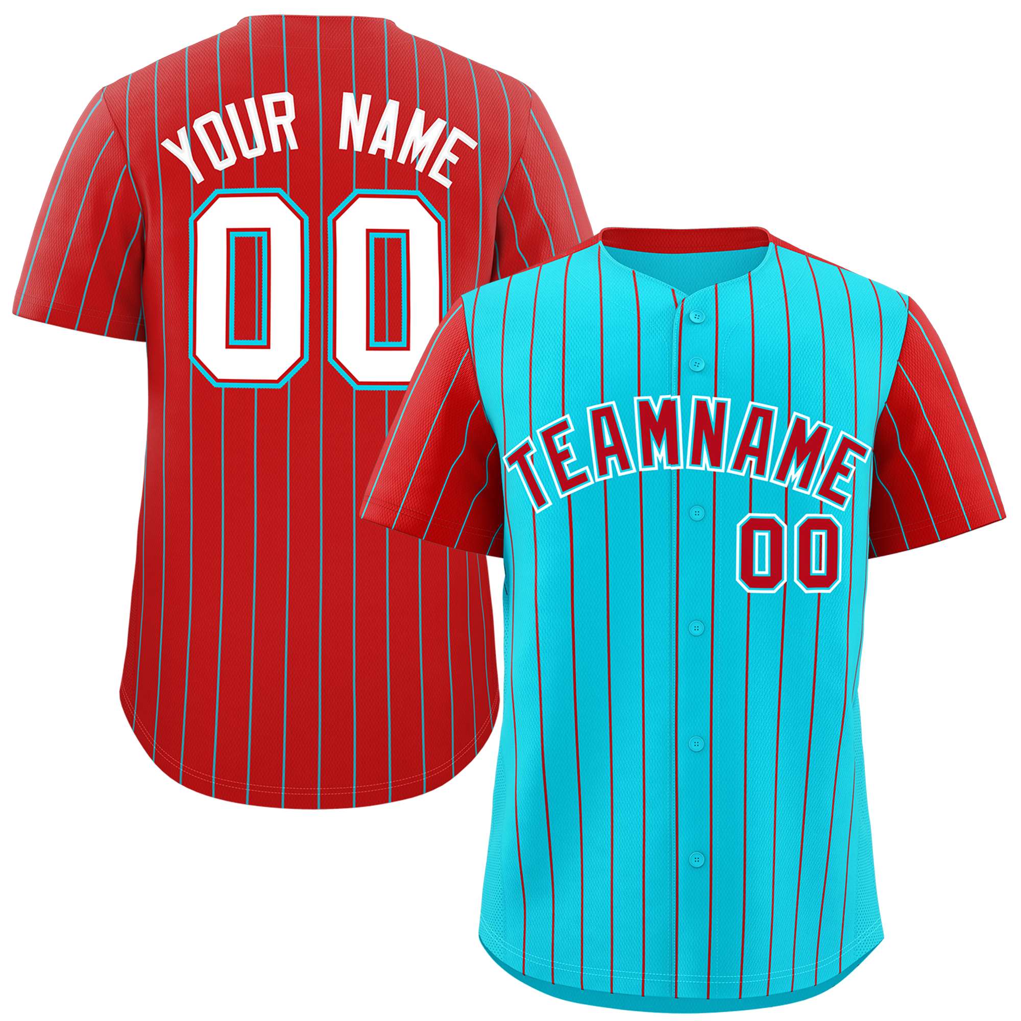 Custom Sky Blue Red Pinstripe Personalized Raglan Sleeves Authentic Baseball Jersey