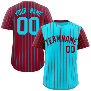 Custom Sky Blue Crimson Pinstripe Personalized Raglan Sleeves Authentic Baseball Jersey