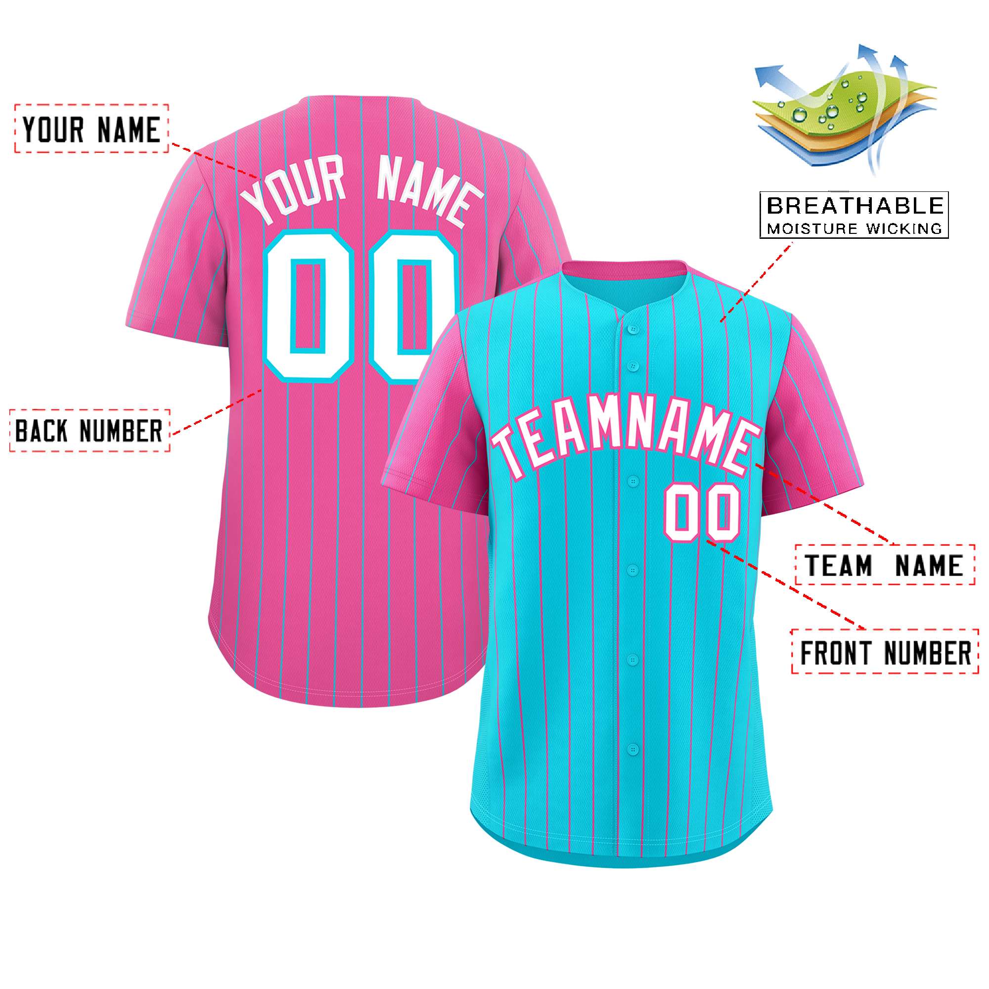 Custom Sky Blue Pink Pinstripe Personalized Raglan Sleeves Authentic Baseball Jersey