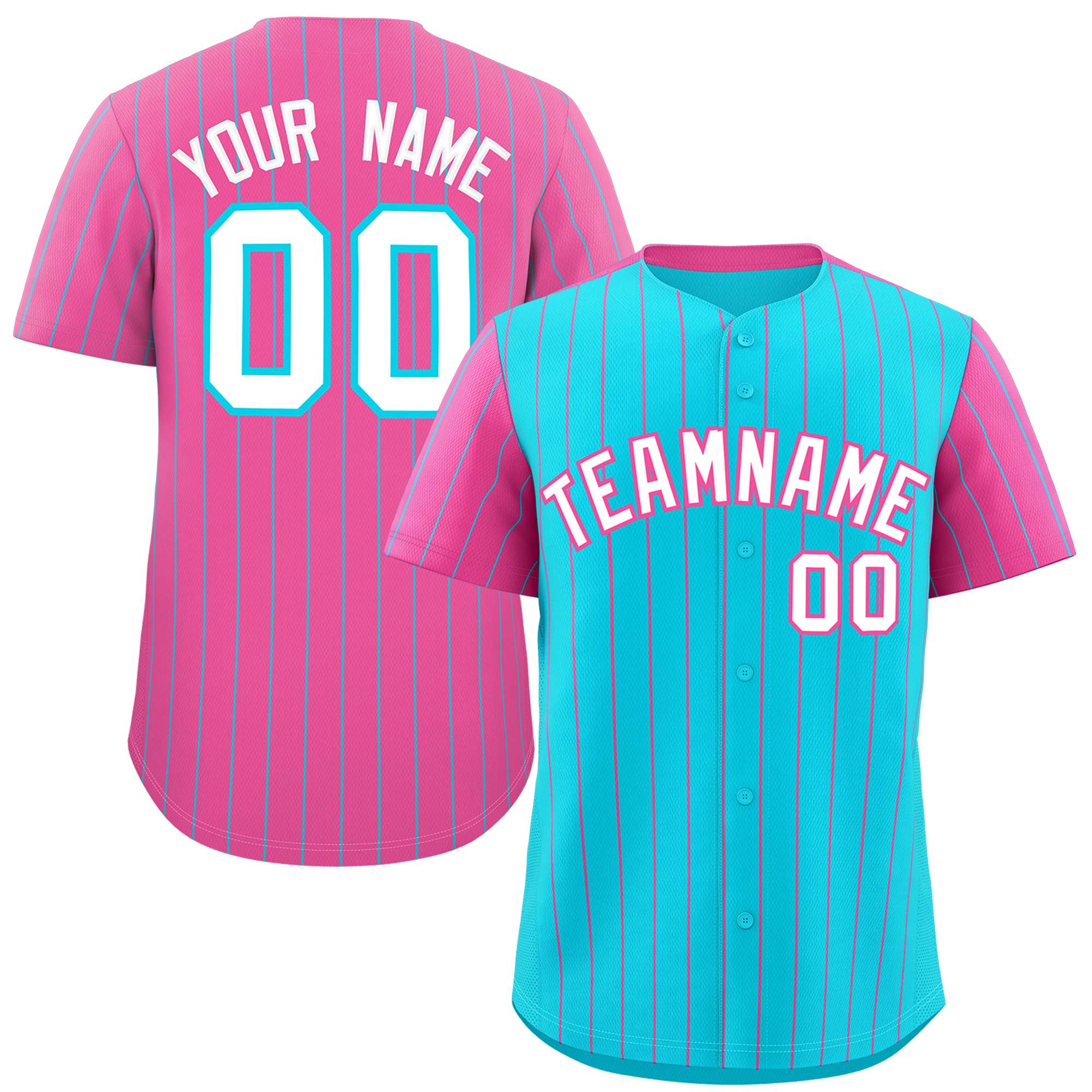 Custom Sky Blue Pink Pinstripe Personalized Raglan Sleeves Authentic Baseball Jersey