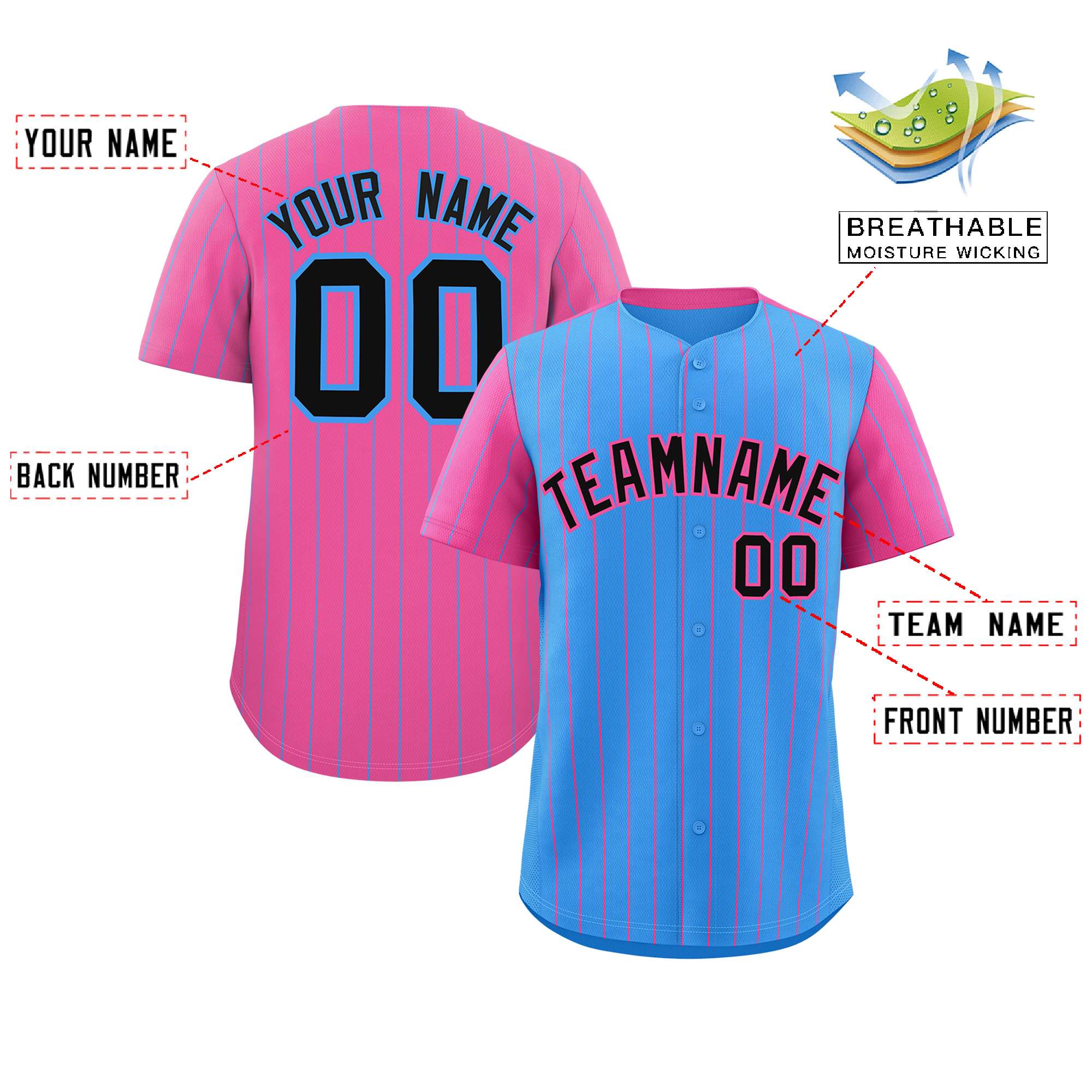 Custom Powder Blue Pink Pinstripe Personalized Raglan Sleeves Authentic Baseball Jersey