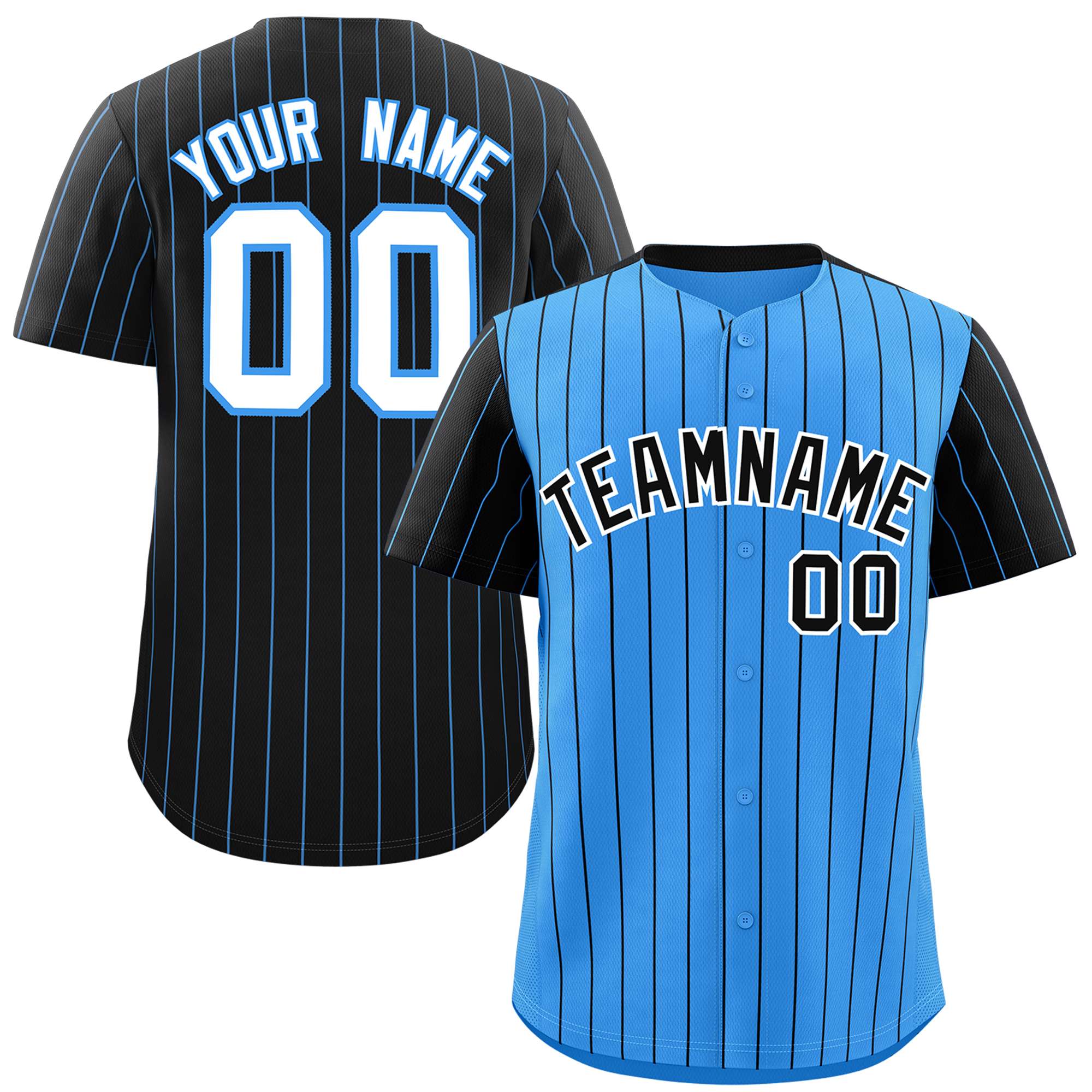 Custom Powder Blue Black Pinstripe Personalized Raglan Sleeves Authentic Baseball Jersey