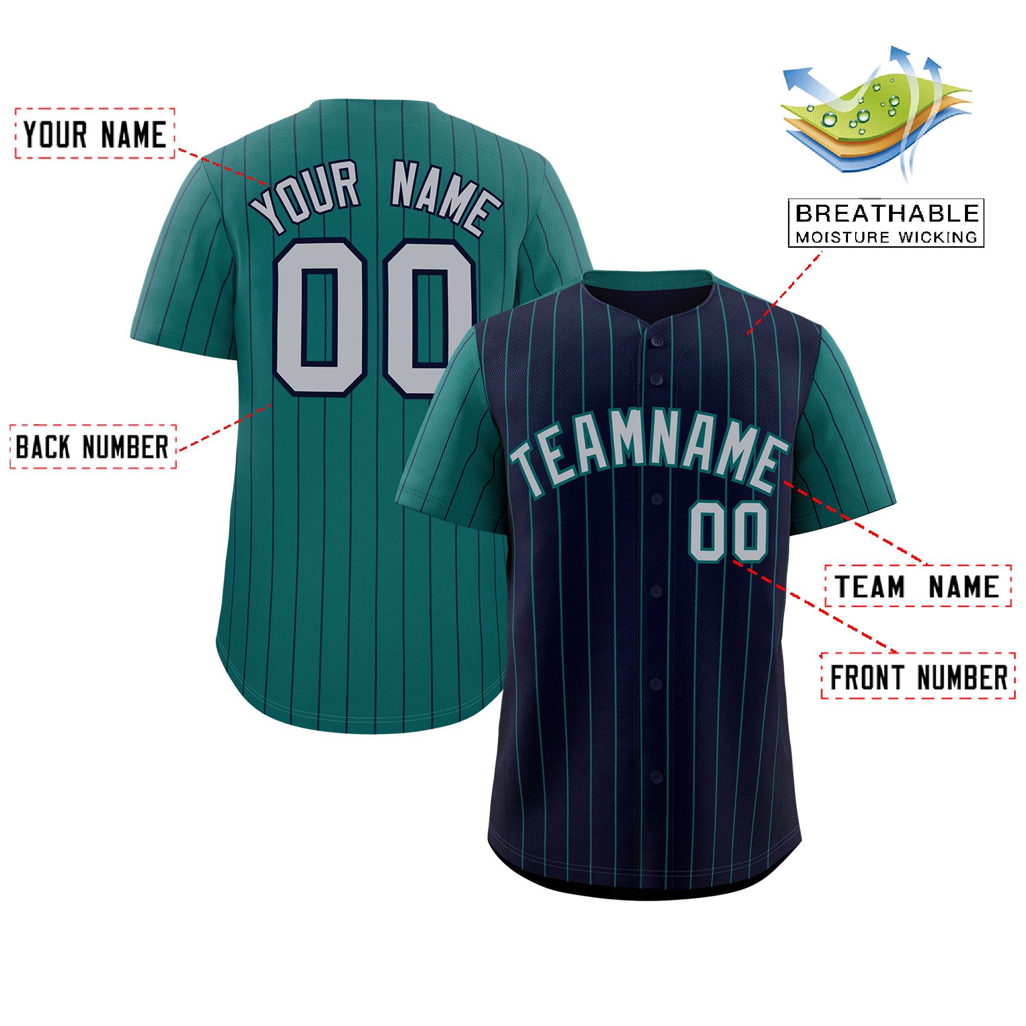 Custom Navy Midnight Green Pinstripe Personalized Raglan Sleeves Authentic Baseball Jersey