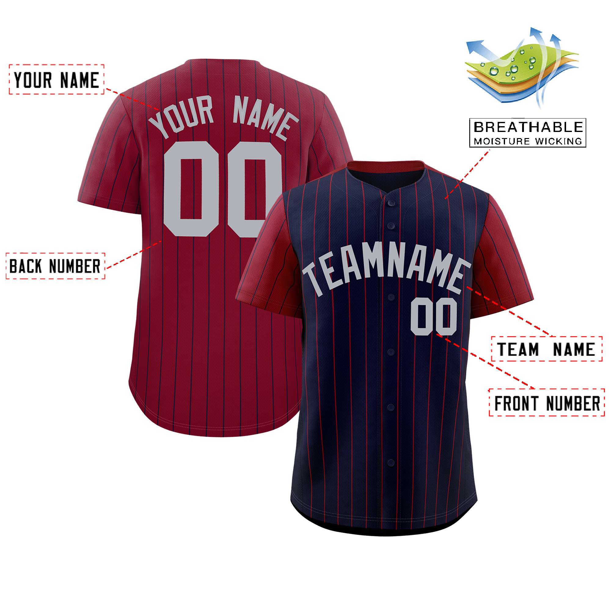 Custom Navy Crimson Pinstripe Personalized Raglan Sleeves Authentic Baseball Jersey