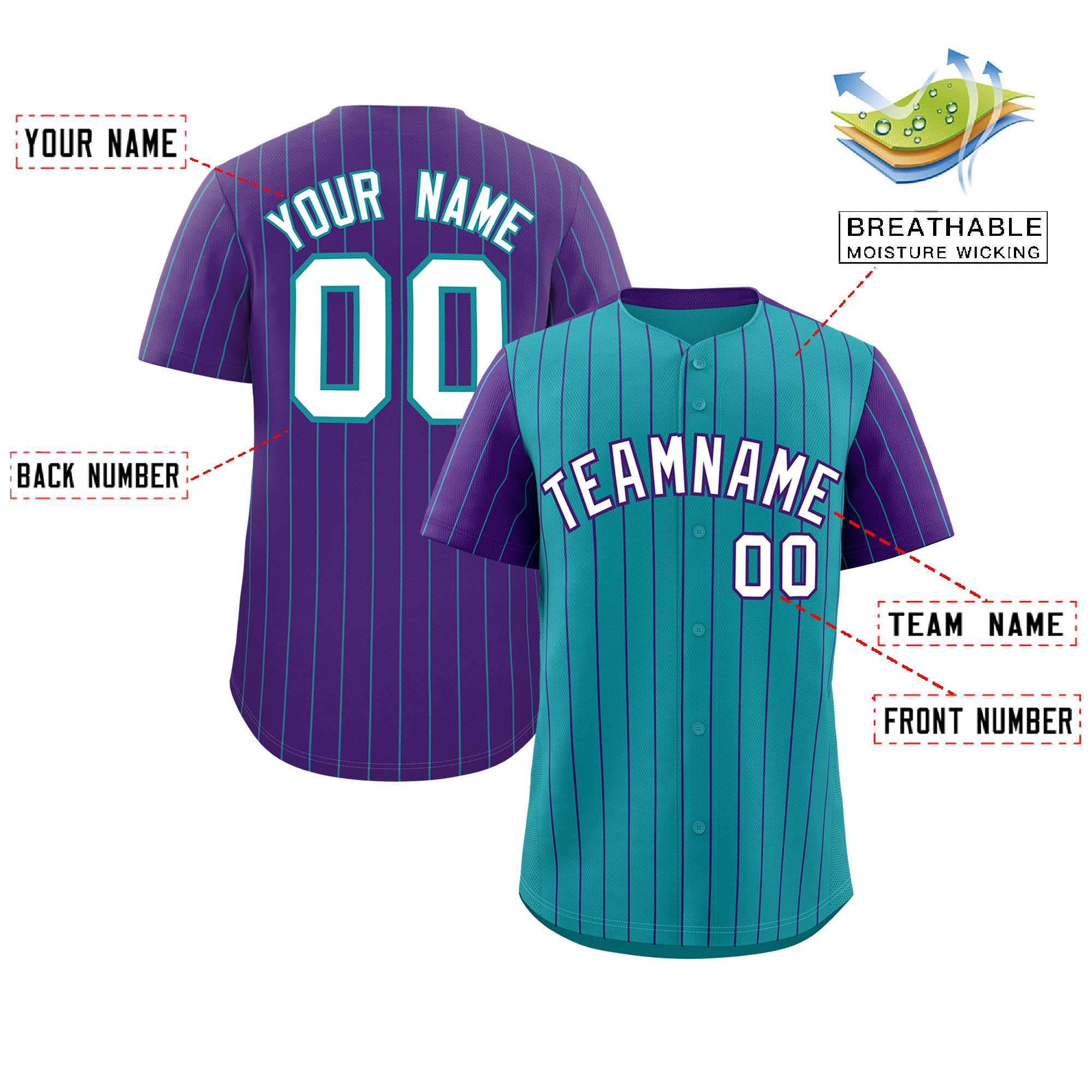 Custom Aqua Purple Pinstripe Personalized Raglan Sleeves Authentic Baseball Jersey