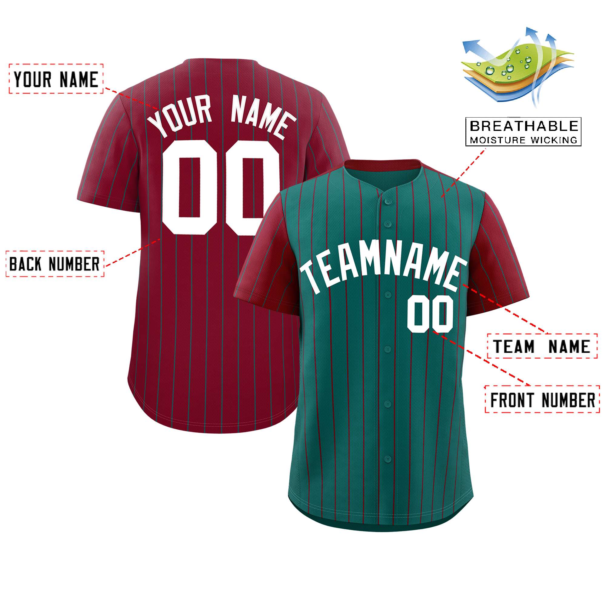 Custom Aqua Crimson Pinstripe Personalized Raglan Sleeves Authentic Baseball Jersey