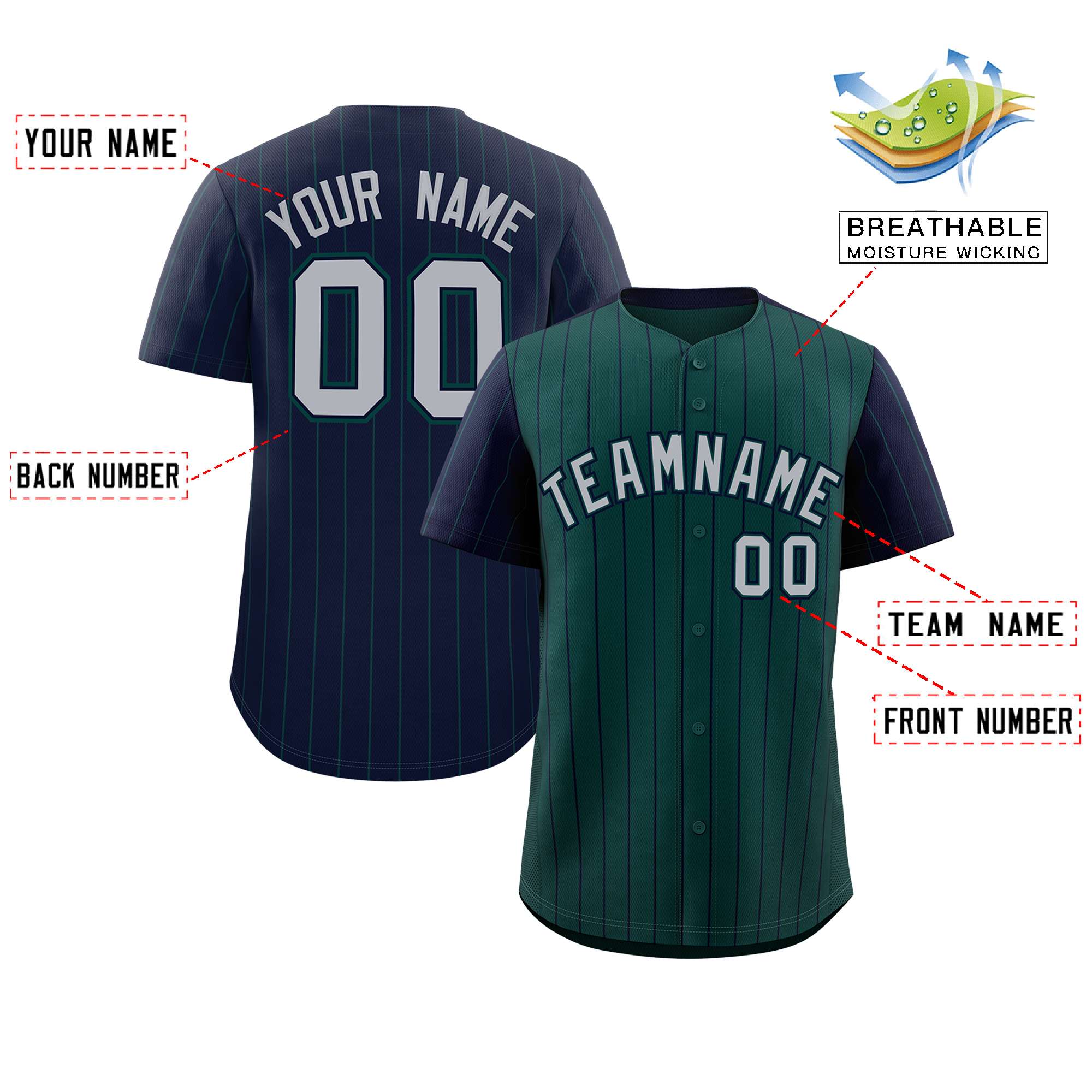 Custom Midnight Green Navy Pinstripe Personalized Raglan Sleeves Authentic Baseball Jersey