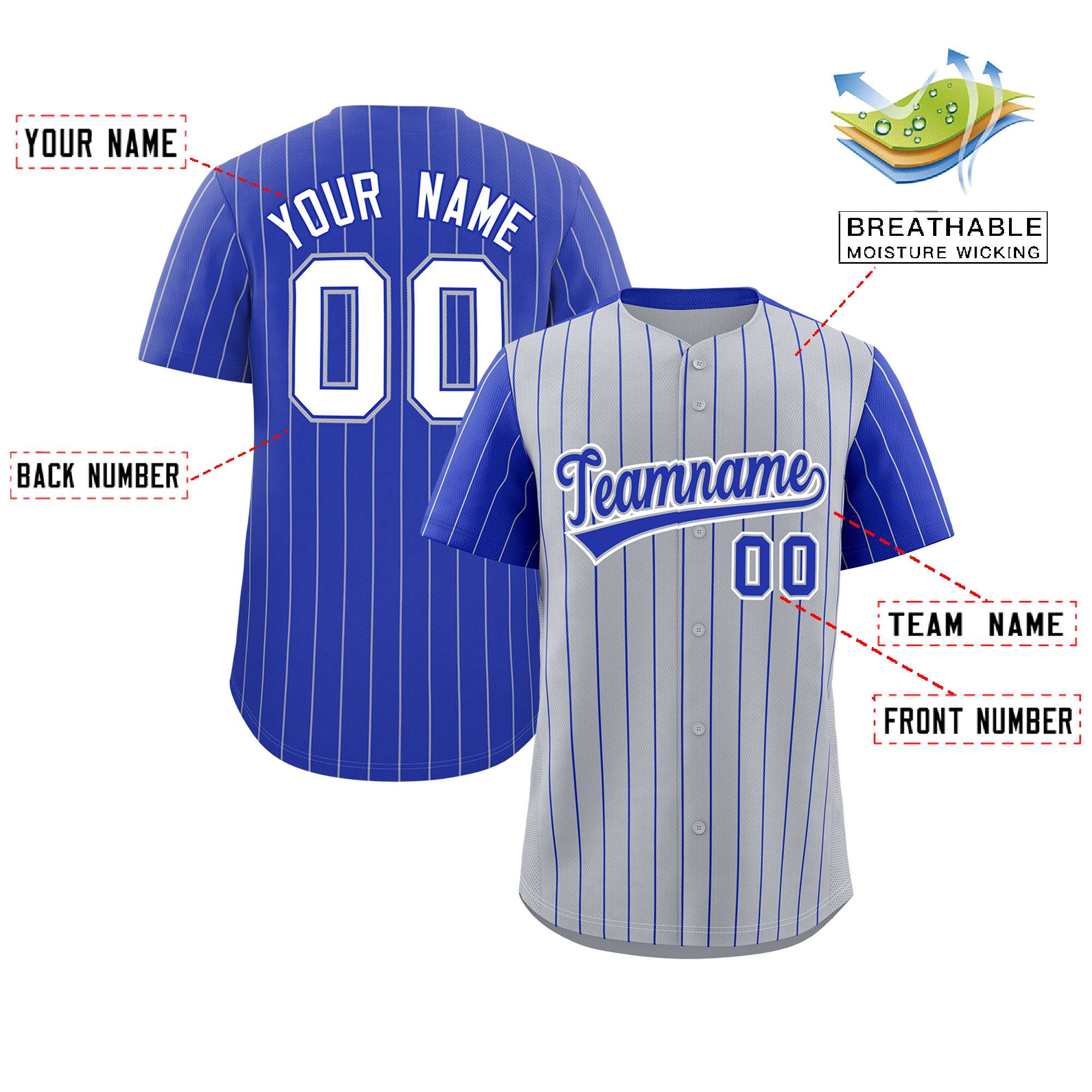 Custom Gray Royal Pinstripe Personalized Raglan Sleeves Authentic Baseball Jersey