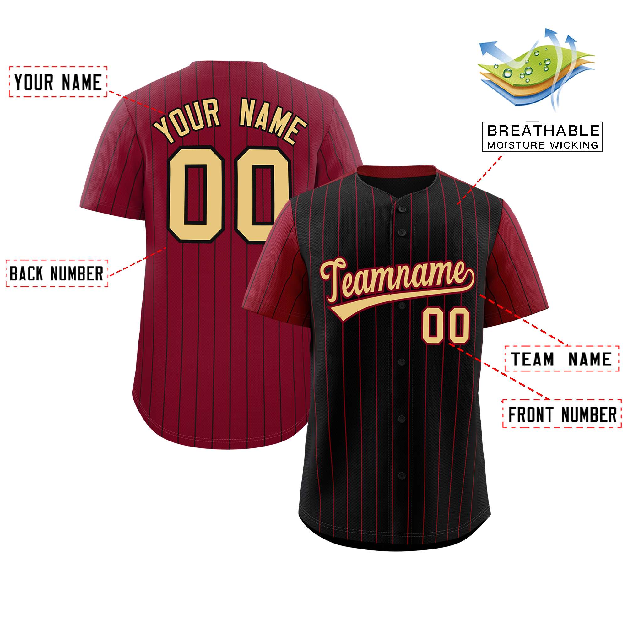 Custom Black Crimson Pinstripe Personalized Raglan Sleeves Authentic Baseball Jersey