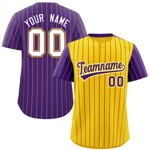 Custom Gold Purple Pinstripe Personalized Raglan Sleeves Authentic Baseball Jersey