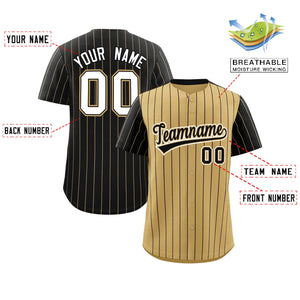 Custom Old Gold Black Pinstripe Personalized Raglan Sleeves Authentic Baseball Jersey