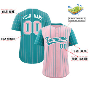 Custom Light Pink Aqua Pinstripe Personalized Raglan Sleeves Authentic Baseball Jersey