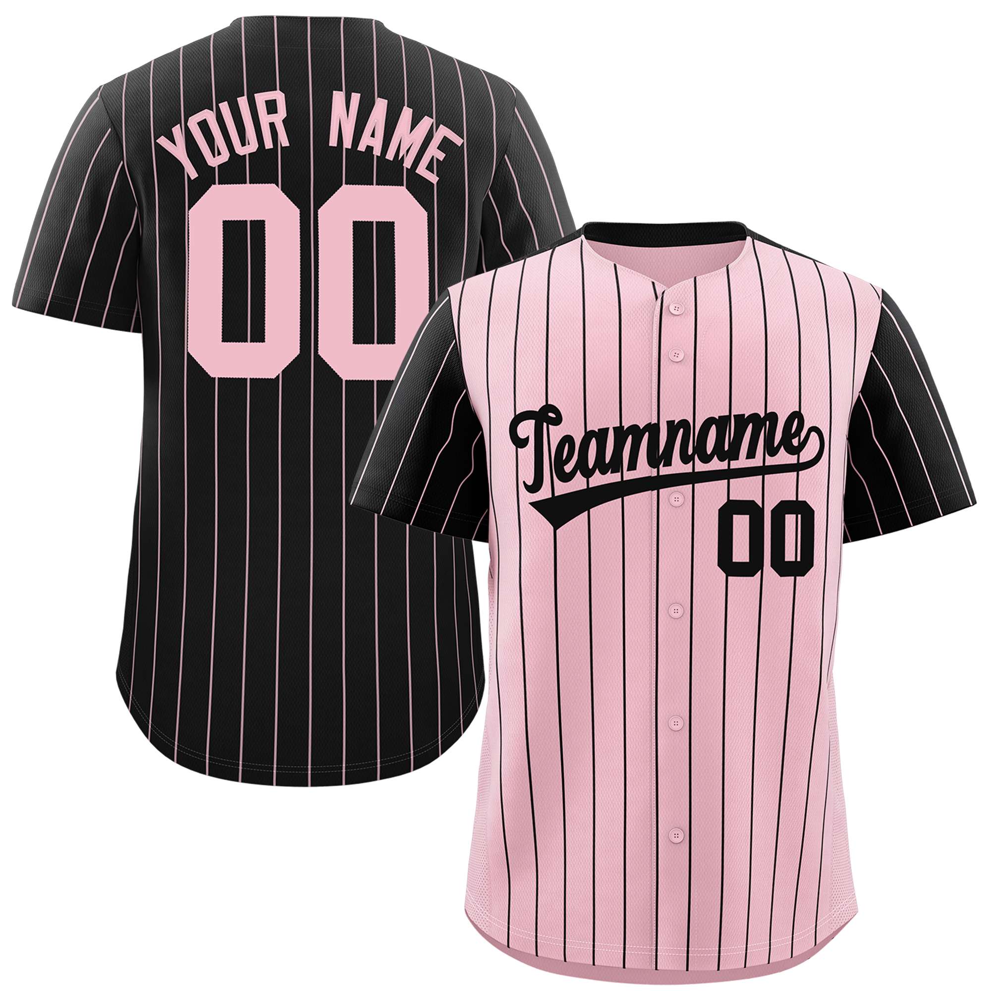 Custom Light Pink Black Pinstripe Personalized Raglan Sleeves Authentic Baseball Jersey