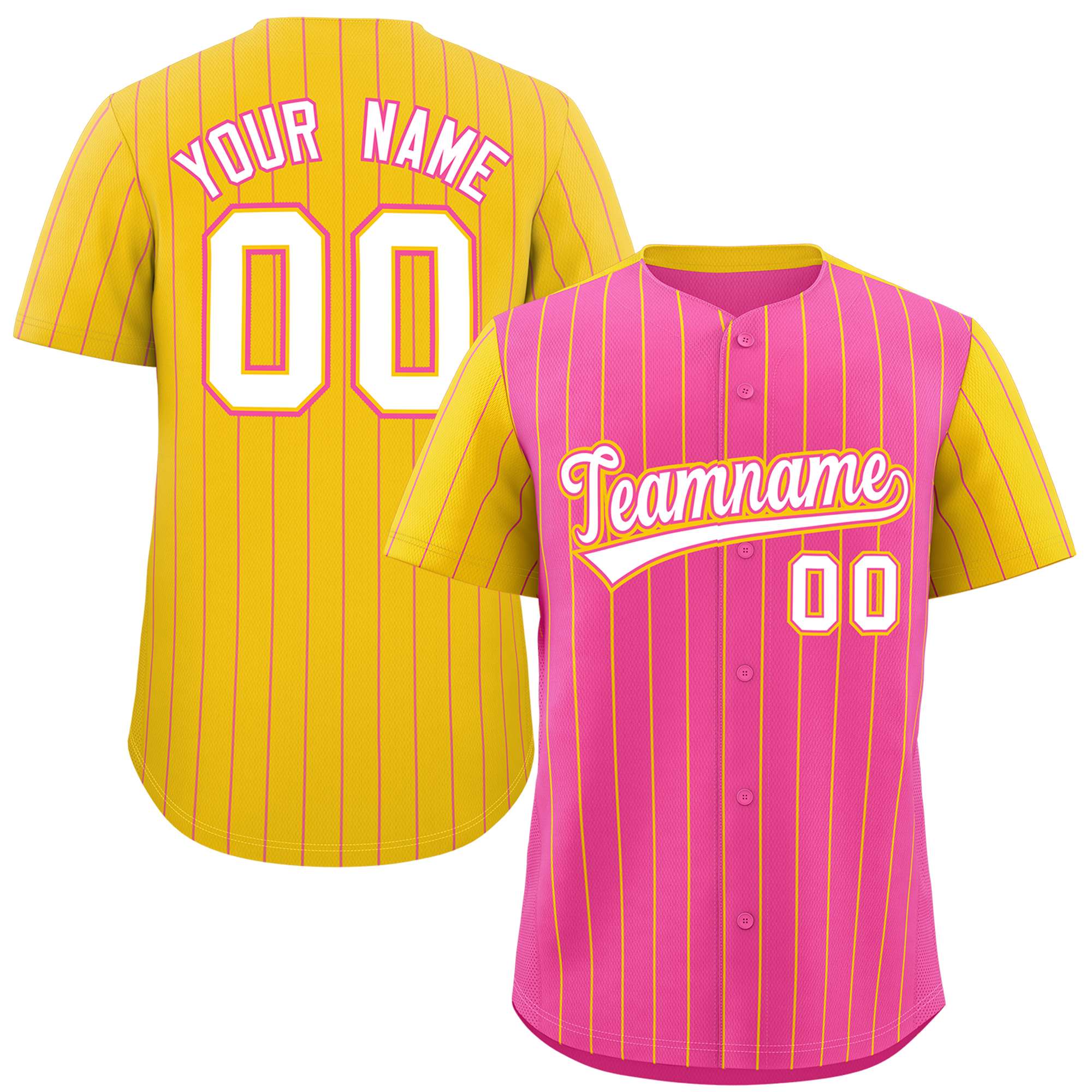 Custom Pink Gold Pinstripe Personalized Raglan Sleeves Authentic Baseball Jersey