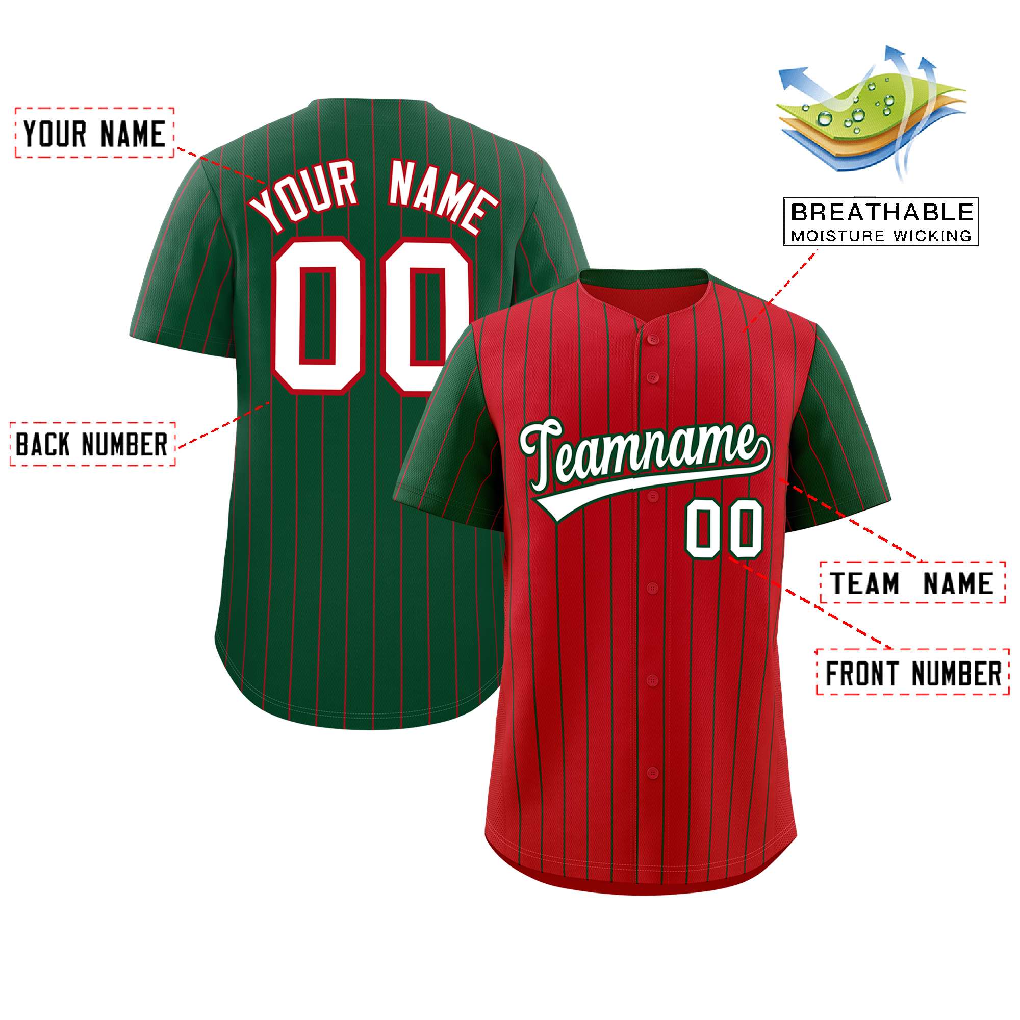 Custom Red Green Pinstripe Personalized Raglan Sleeves Authentic Baseball Jersey