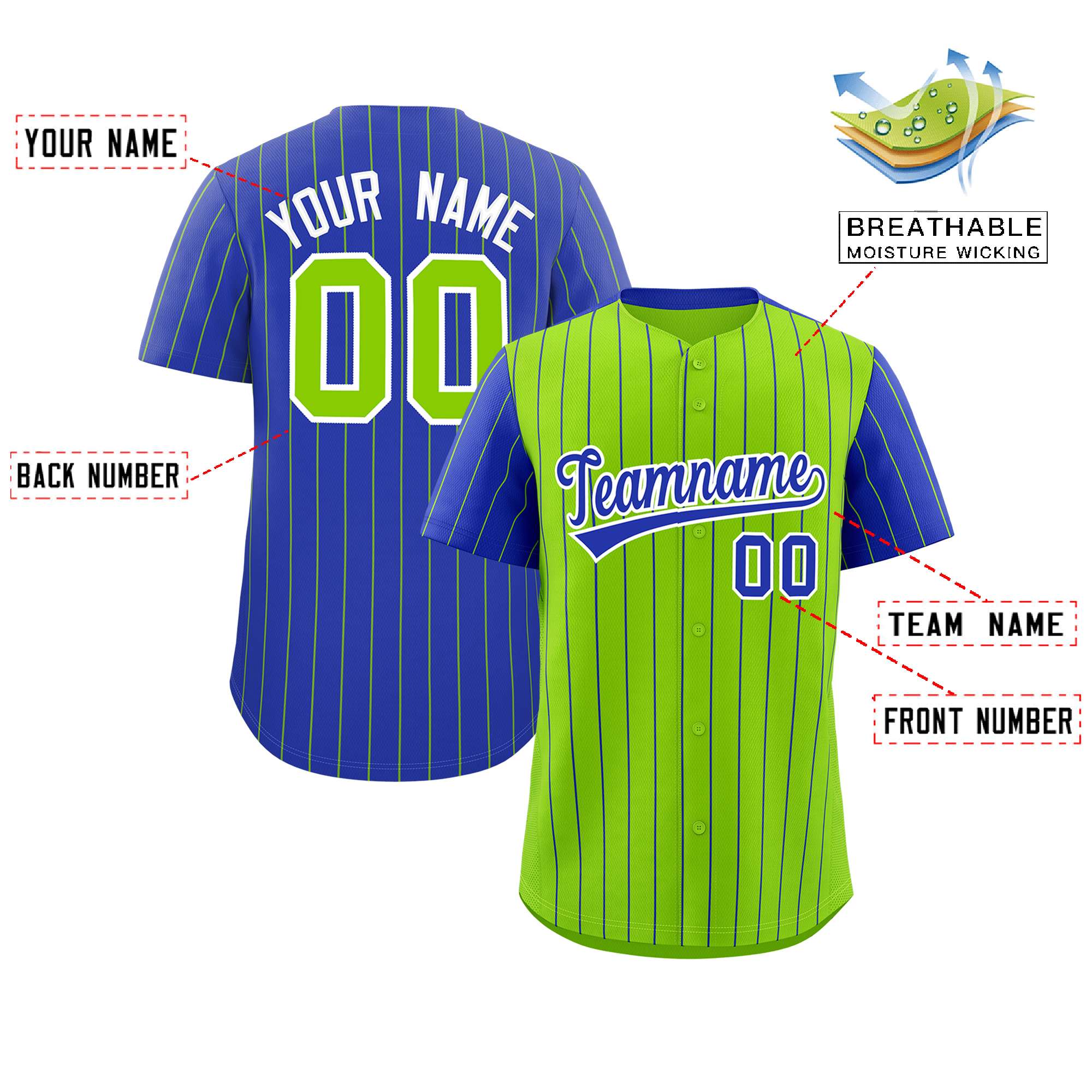 Custom Neon Green Royal Pinstripe Personalized Raglan Sleeves Authentic Baseball Jersey