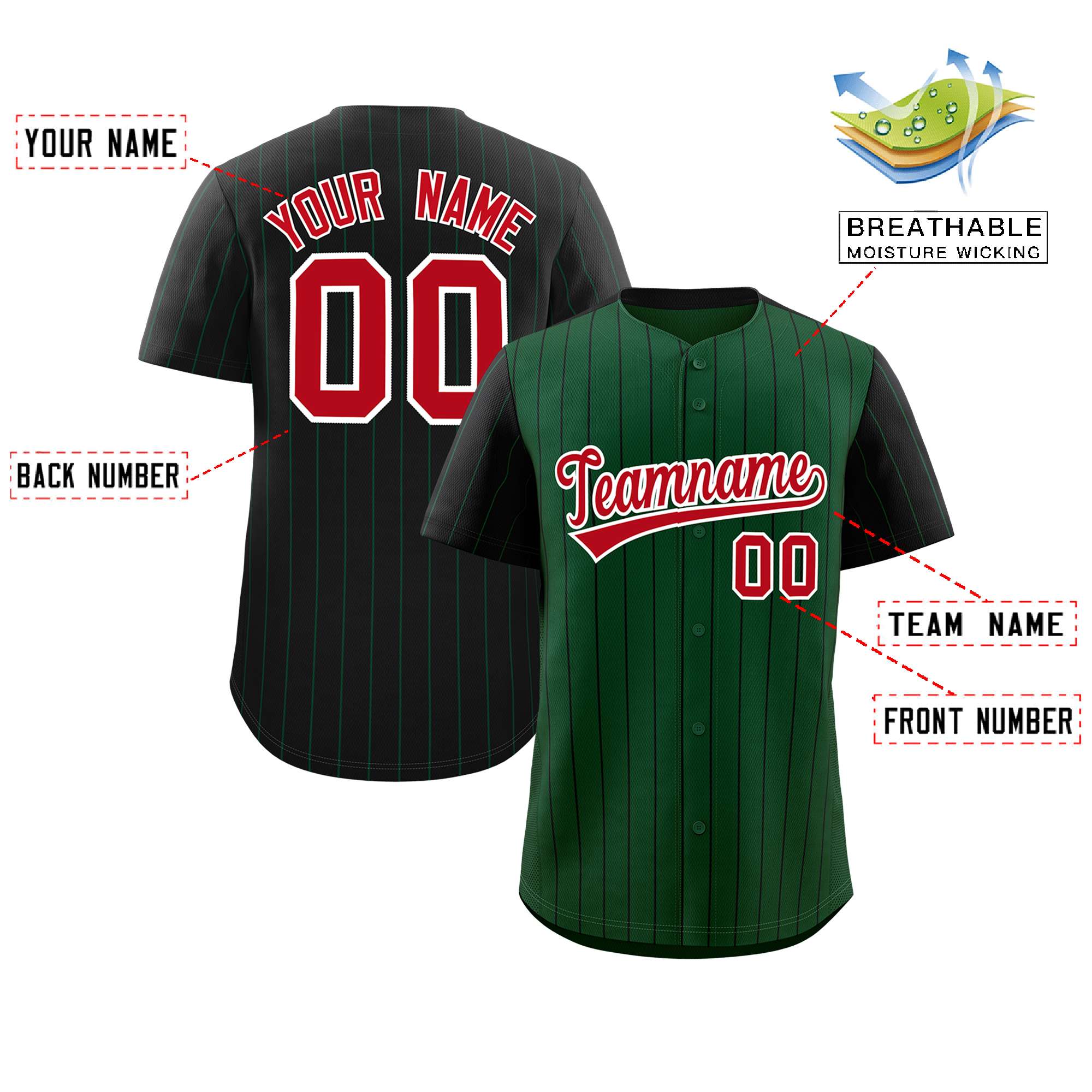 Custom Green Black Pinstripe Personalized Raglan Sleeves Authentic Baseball Jersey