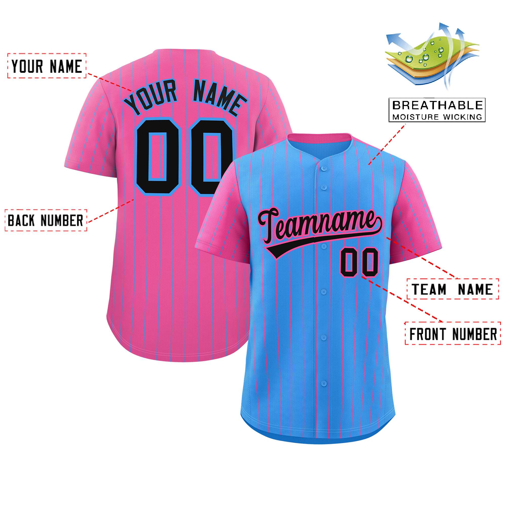 Custom Powder Blue Pink Pinstripe Personalized Raglan Sleeves Authentic Baseball Jersey