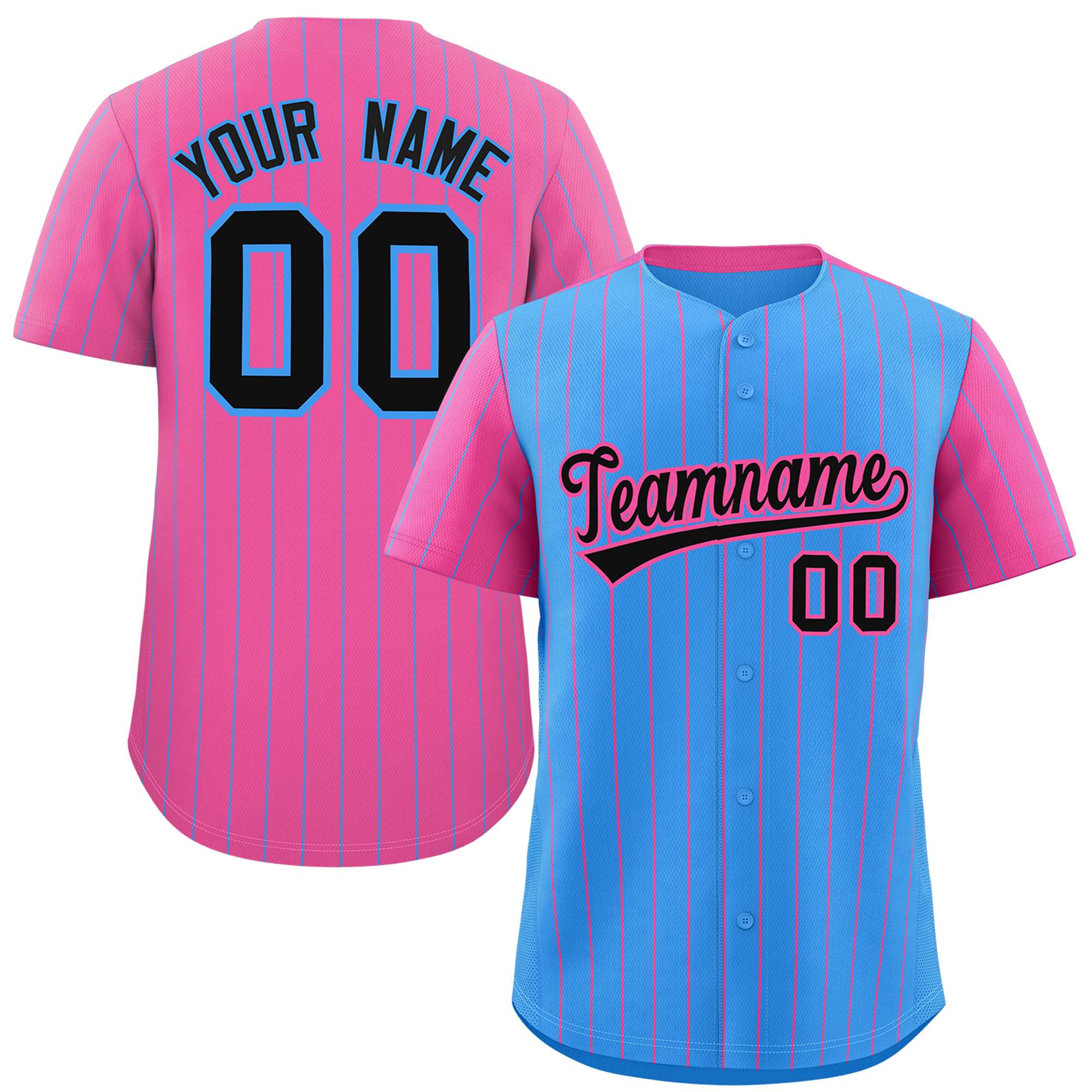 Custom Powder Blue Pink Pinstripe Personalized Raglan Sleeves Authentic Baseball Jersey