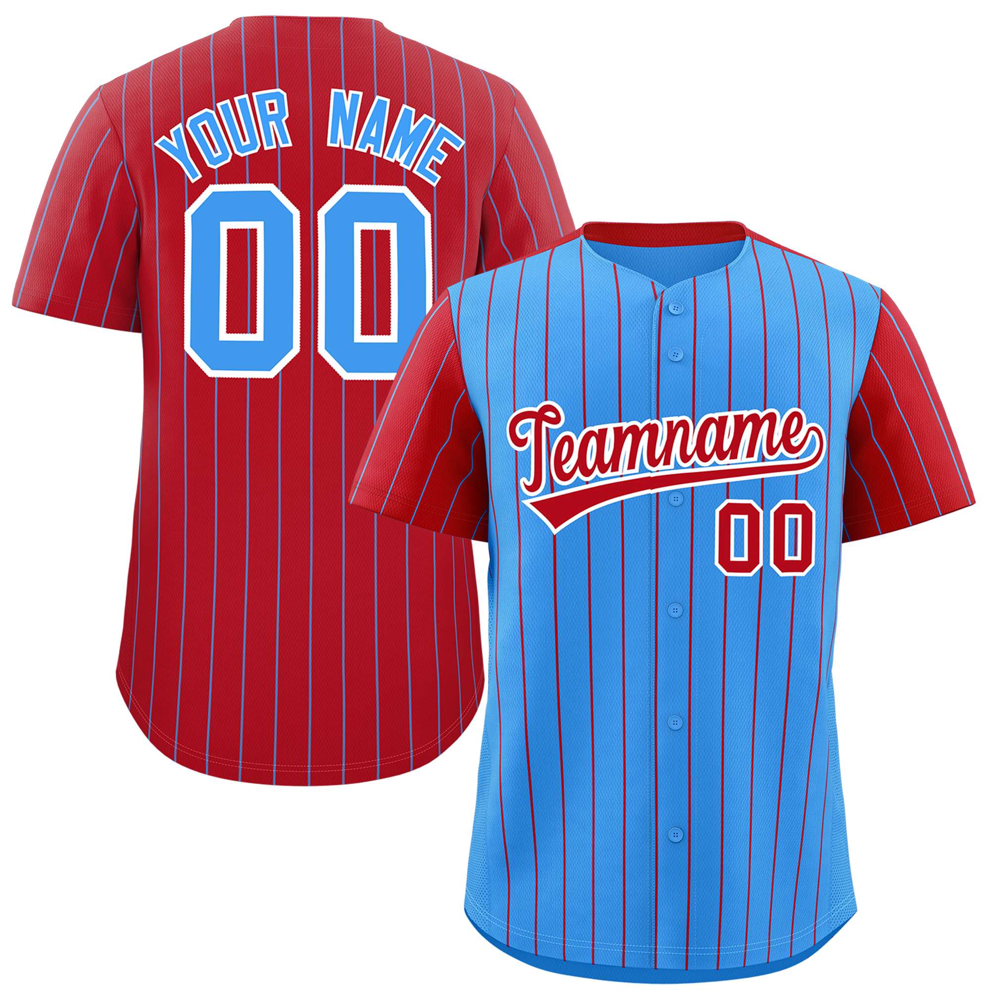 Custom Powder Blue Red Pinstripe Personalized Raglan Sleeves Authentic Baseball Jersey