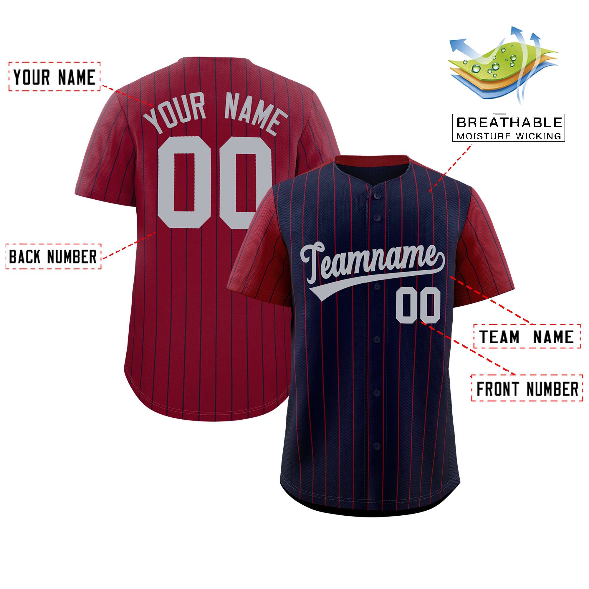 Custom Navy Crimson Pinstripe Personalized Raglan Sleeves Authentic Baseball Jersey