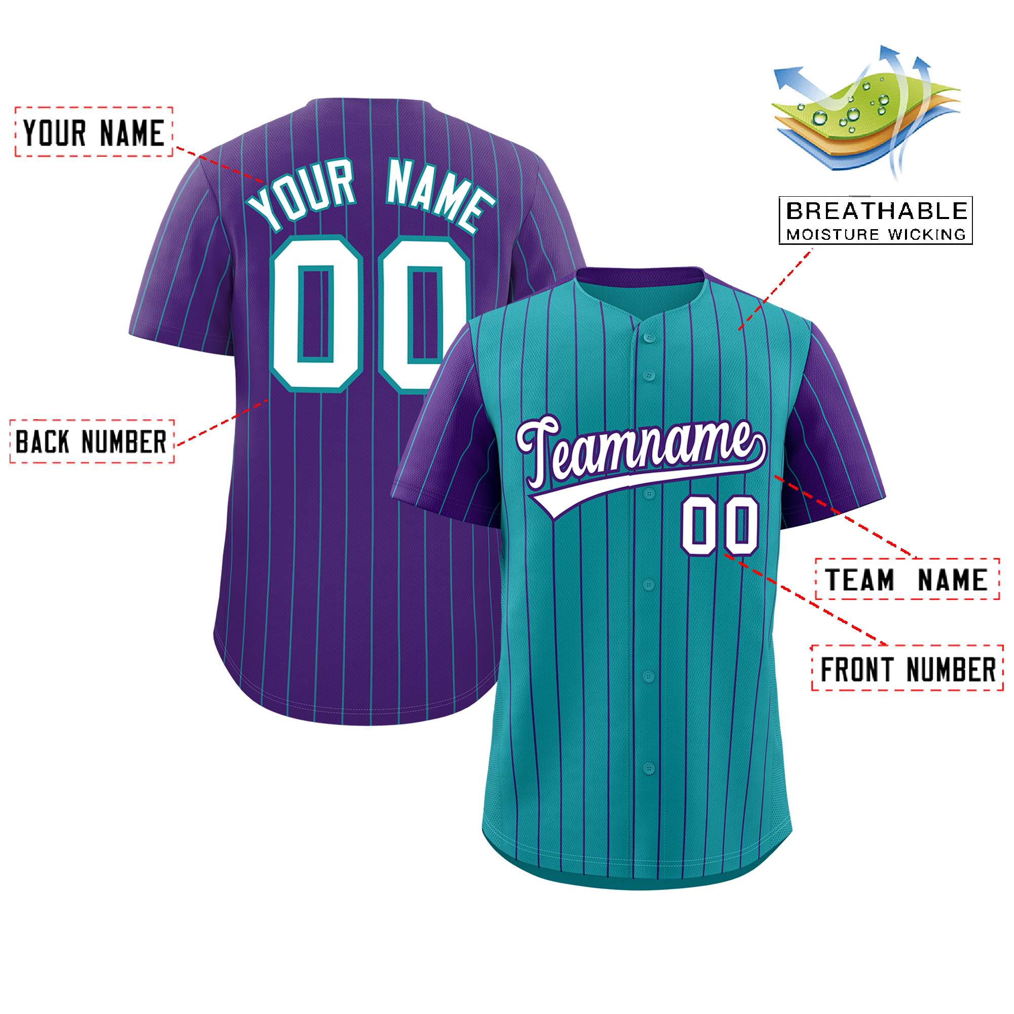 Custom Aqua Purple Pinstripe Personalized Raglan Sleeves Authentic Baseball Jersey