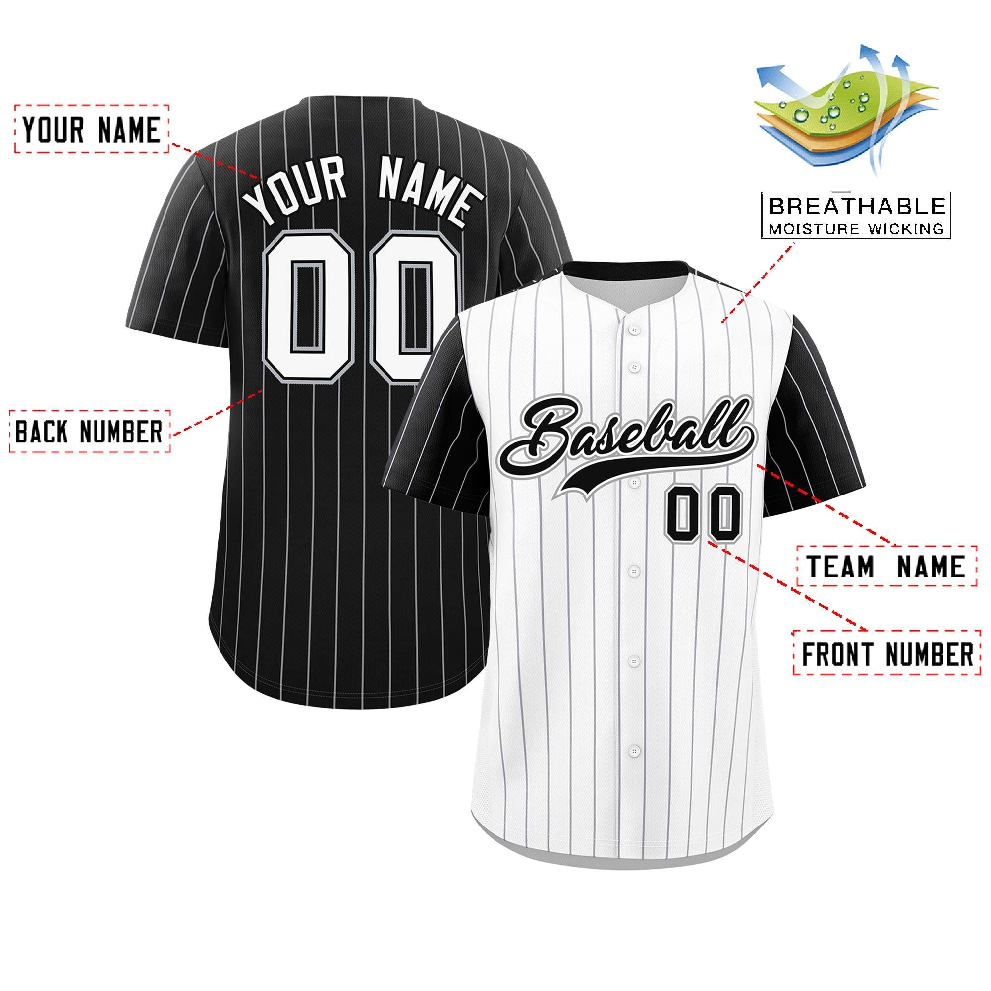 Custom White Black Pinstripe Personalized Raglan Sleeves Authentic Baseball Jersey