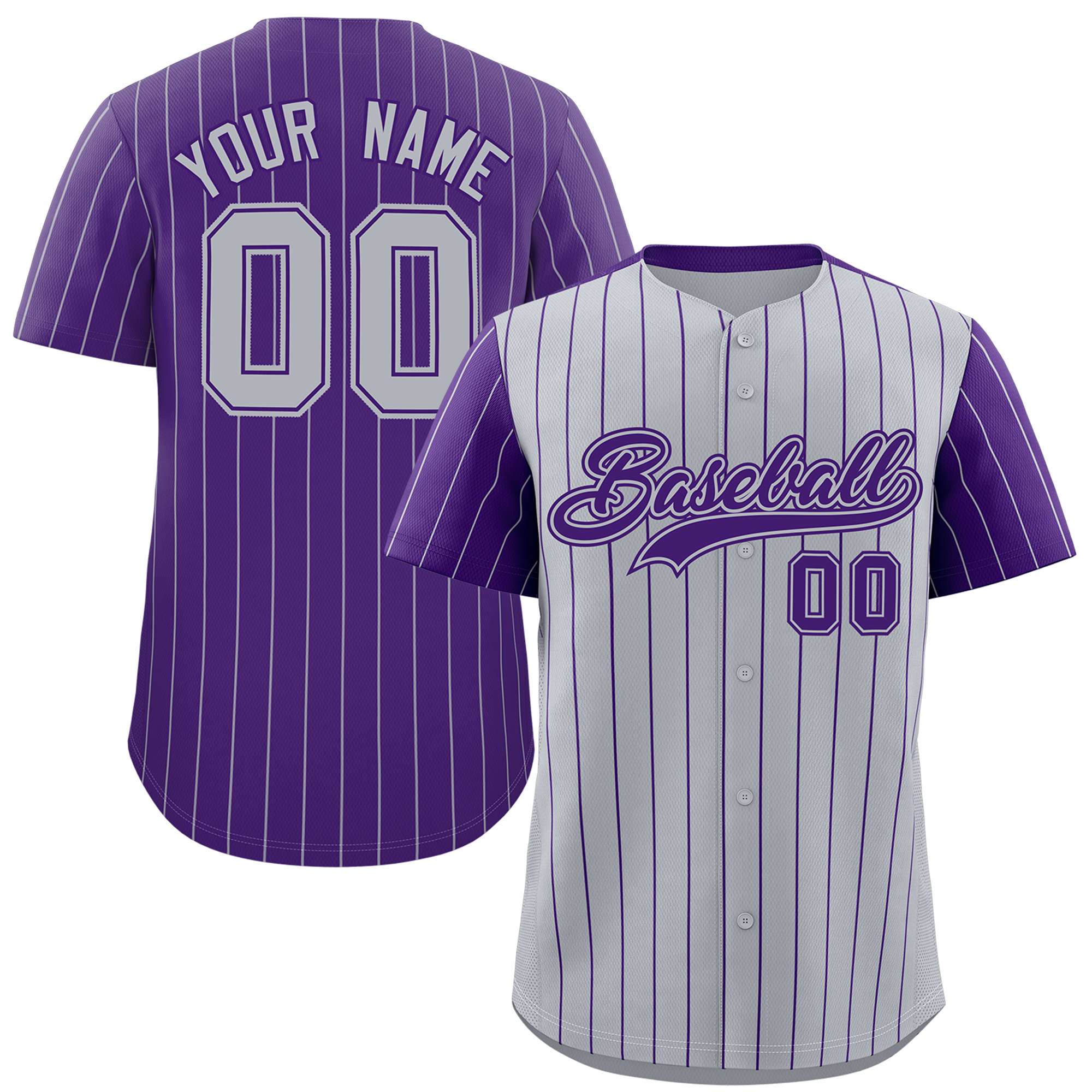 Custom Gray Purple Pinstripe Personalized Raglan Sleeves Authentic Baseball Jersey