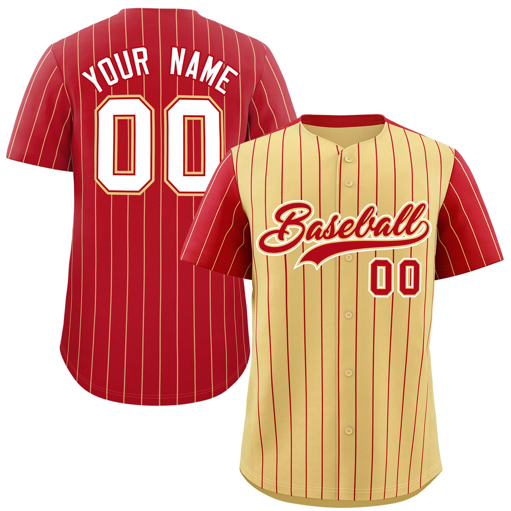 Custom Khaki Red Pinstripe Personalized Raglan Sleeves Authentic Baseball Jersey