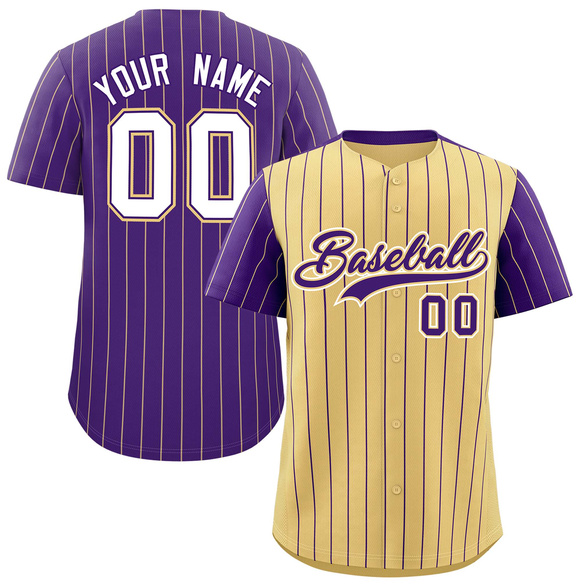 Custom Khaki Purple Pinstripe Personalized Raglan Sleeves Authentic Baseball Jersey