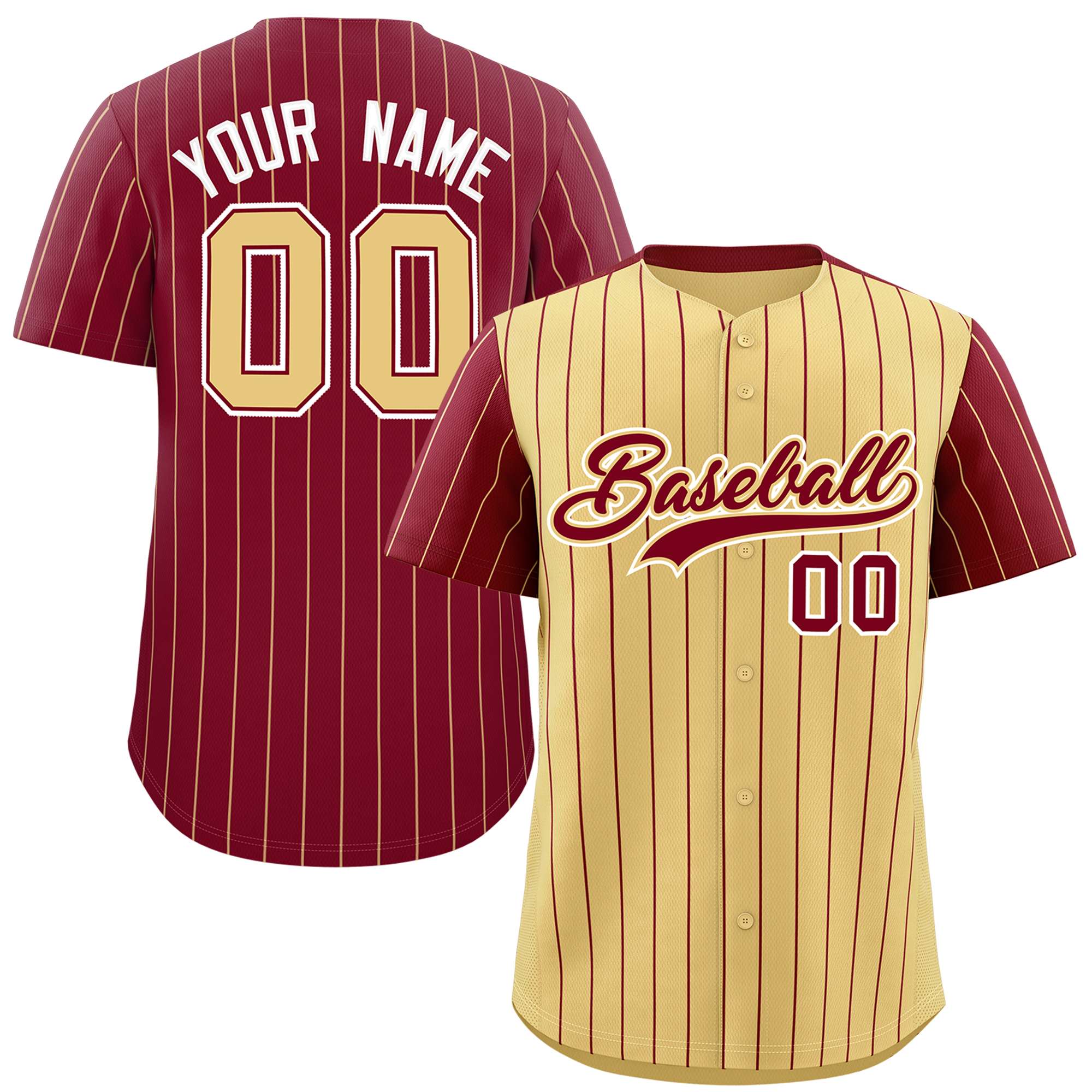 Custom Khaki Crimson Pinstripe Personalized Raglan Sleeves Authentic Baseball Jersey