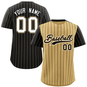 Custom Old Gold Black Pinstripe Personalized Raglan Sleeves Authentic Baseball Jersey