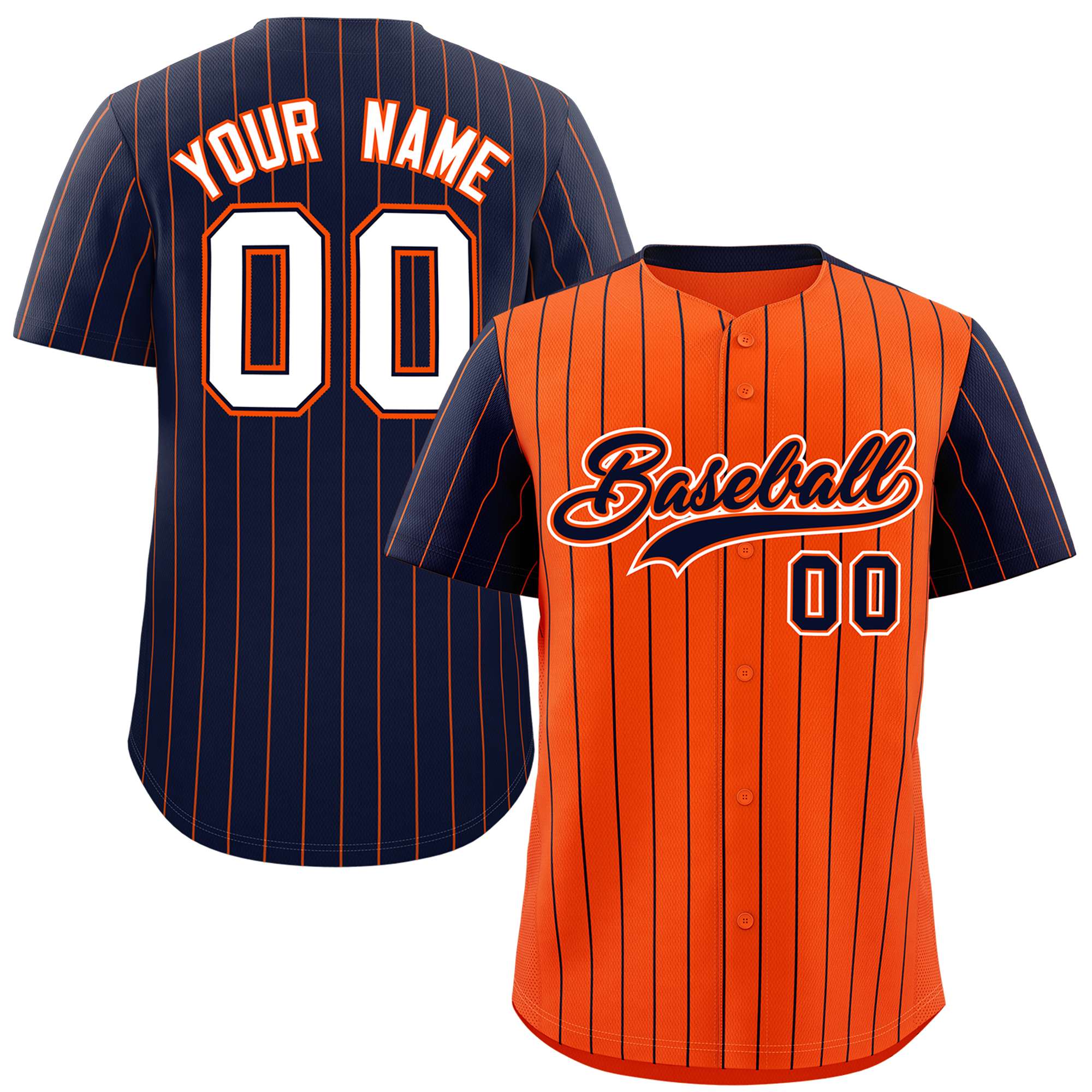 Custom Orange Navy Pinstripe Personalized Raglan Sleeves Authentic Baseball Jersey