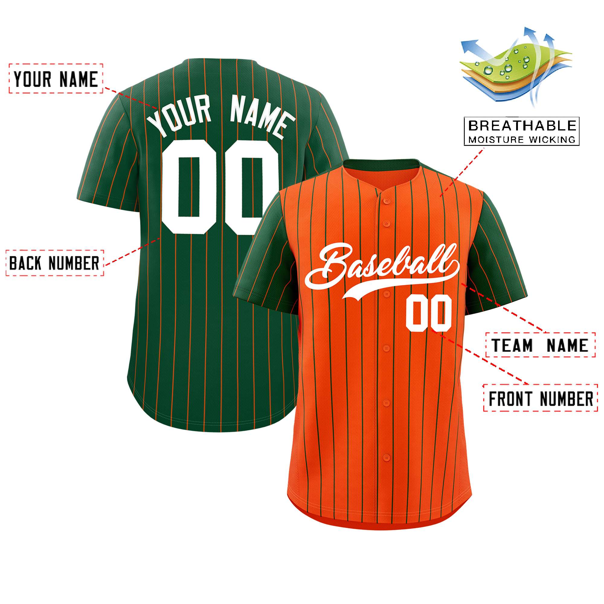 Custom Orange Green Pinstripe Personalized Raglan Sleeves Authentic Baseball Jersey