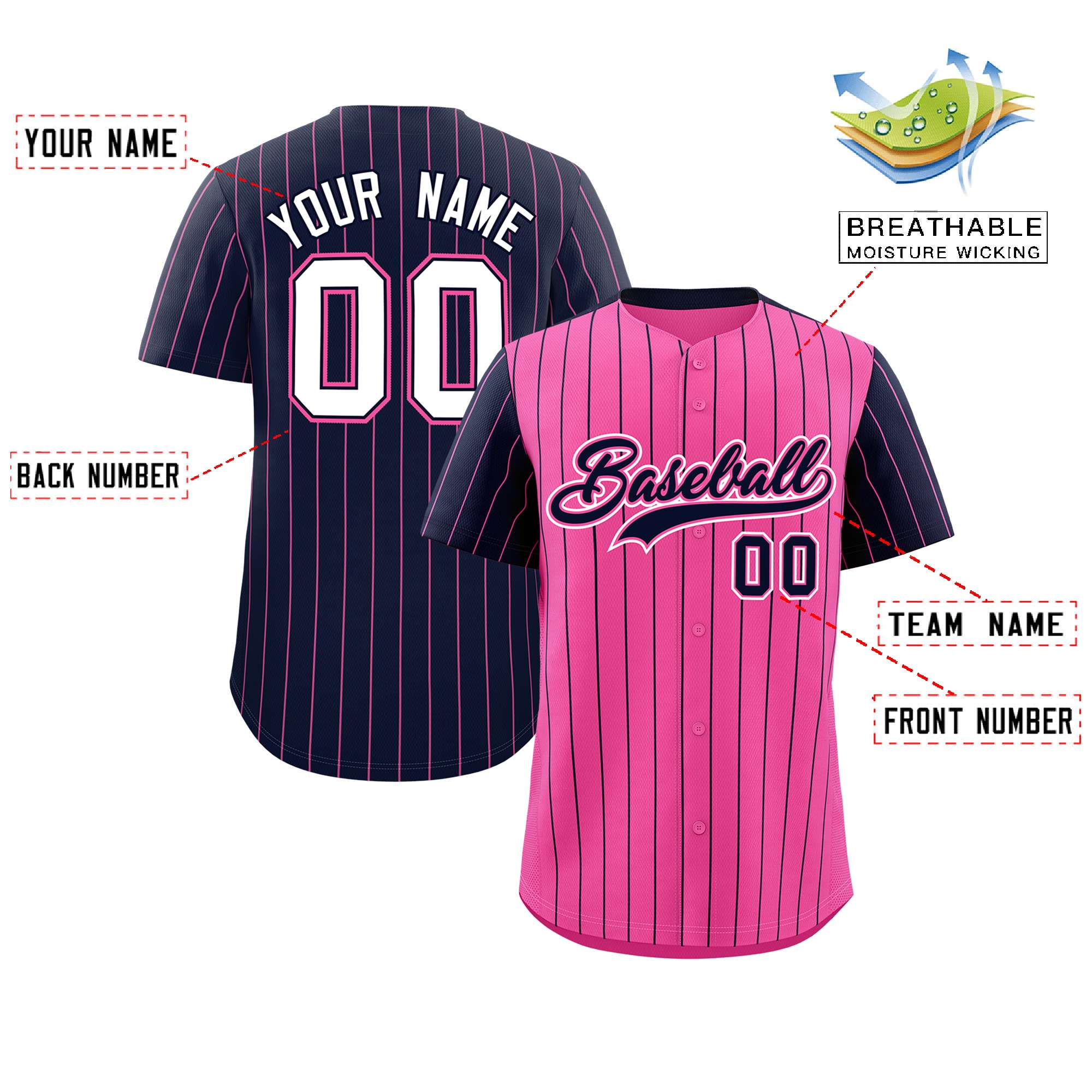 Custom Pink Navy Pinstripe Personalized Raglan Sleeves Authentic Baseball Jersey