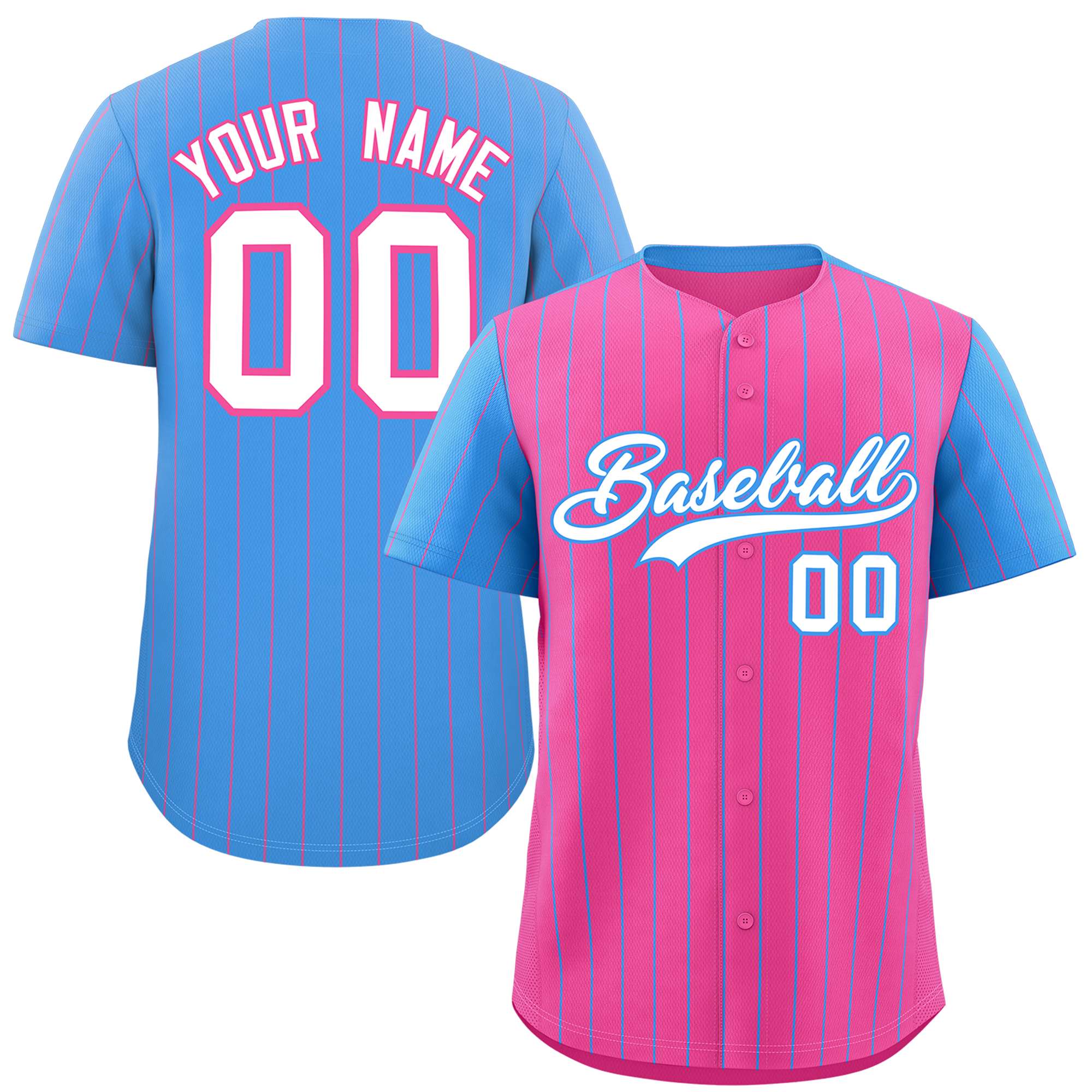 Custom Pink Powder Blue Pinstripe Personalized Raglan Sleeves Authentic Baseball Jersey