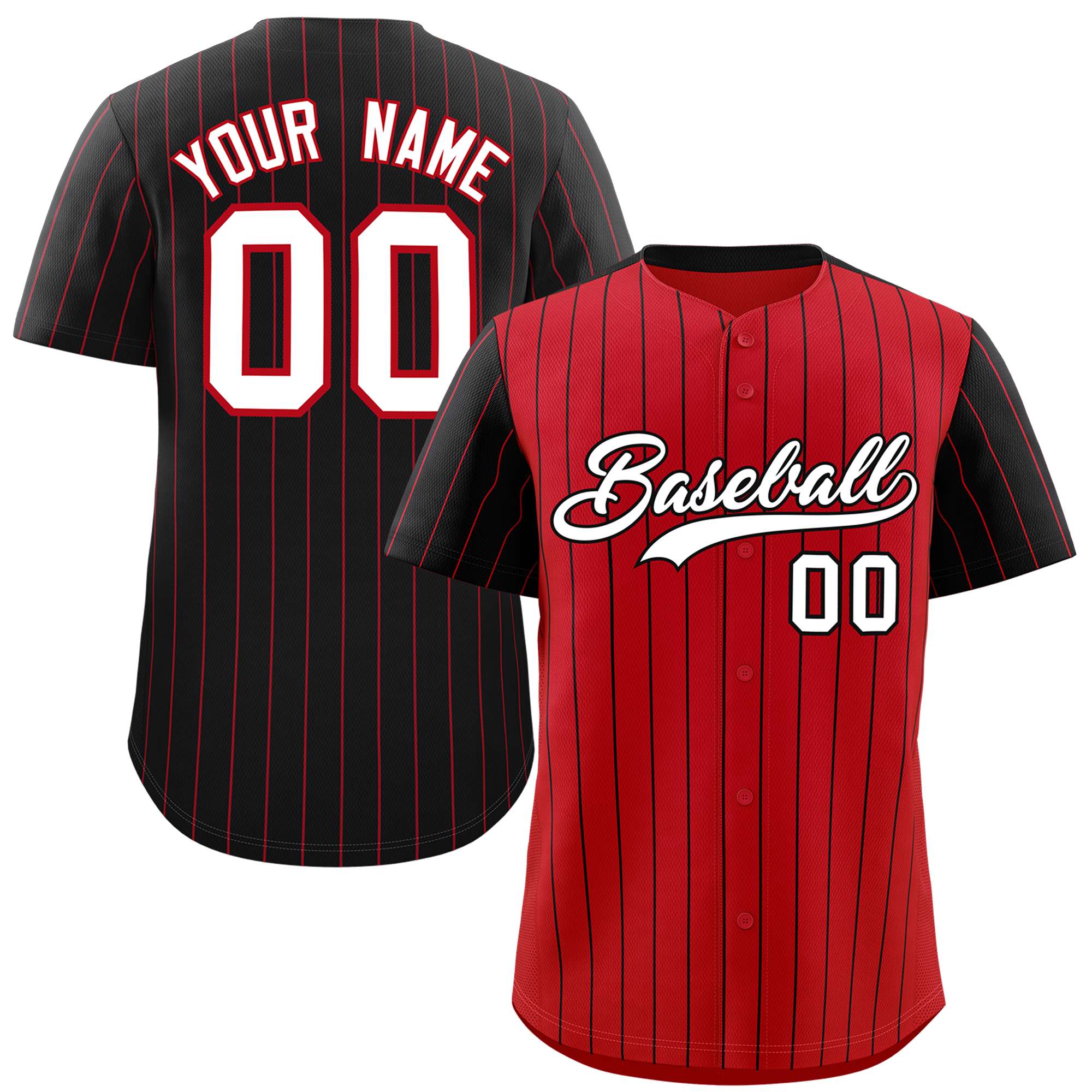 Custom Red Black Pinstripe Personalized Raglan Sleeves Authentic Baseball Jersey