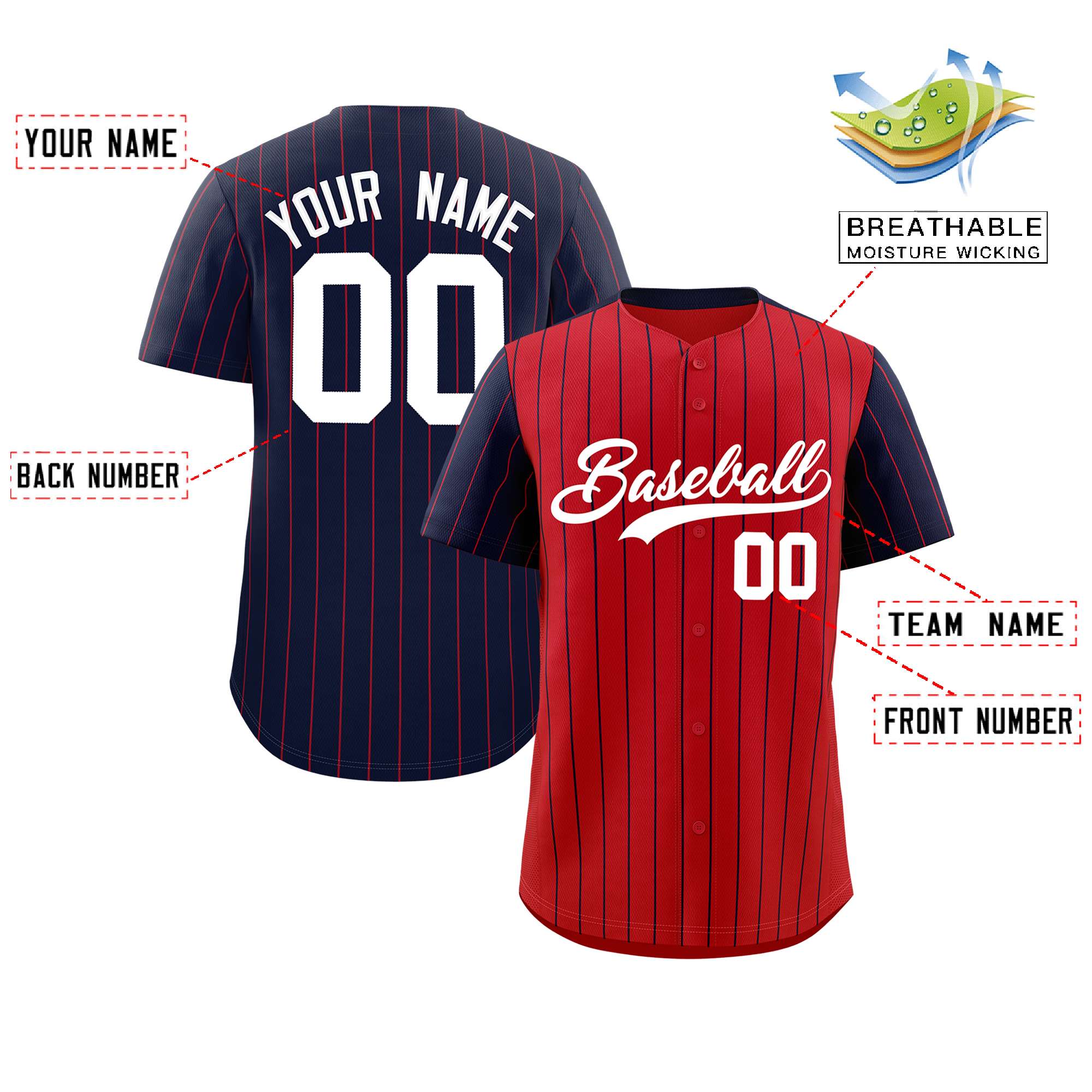 Custom Red Navy Pinstripe Personalized Raglan Sleeves Authentic Baseball Jersey