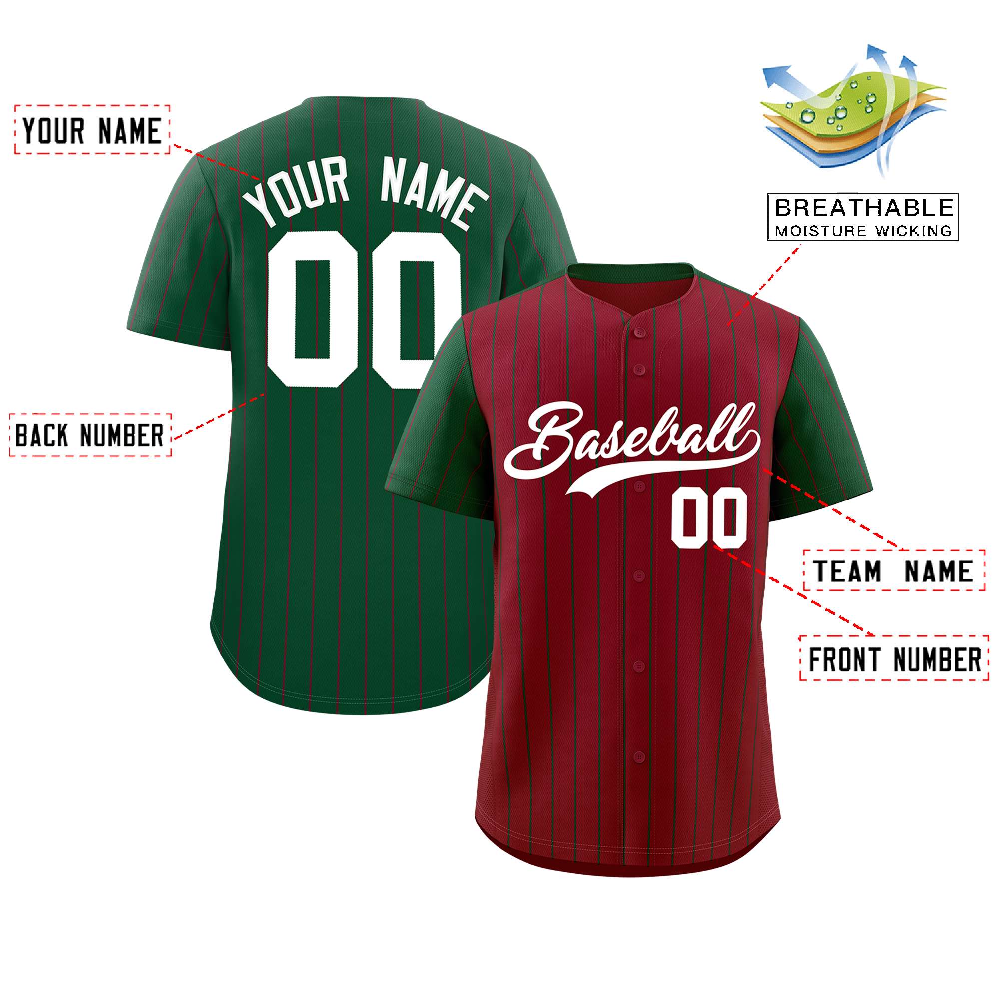 Custom Crimson Green Pinstripe Personalized Raglan Sleeves Authentic Baseball Jersey