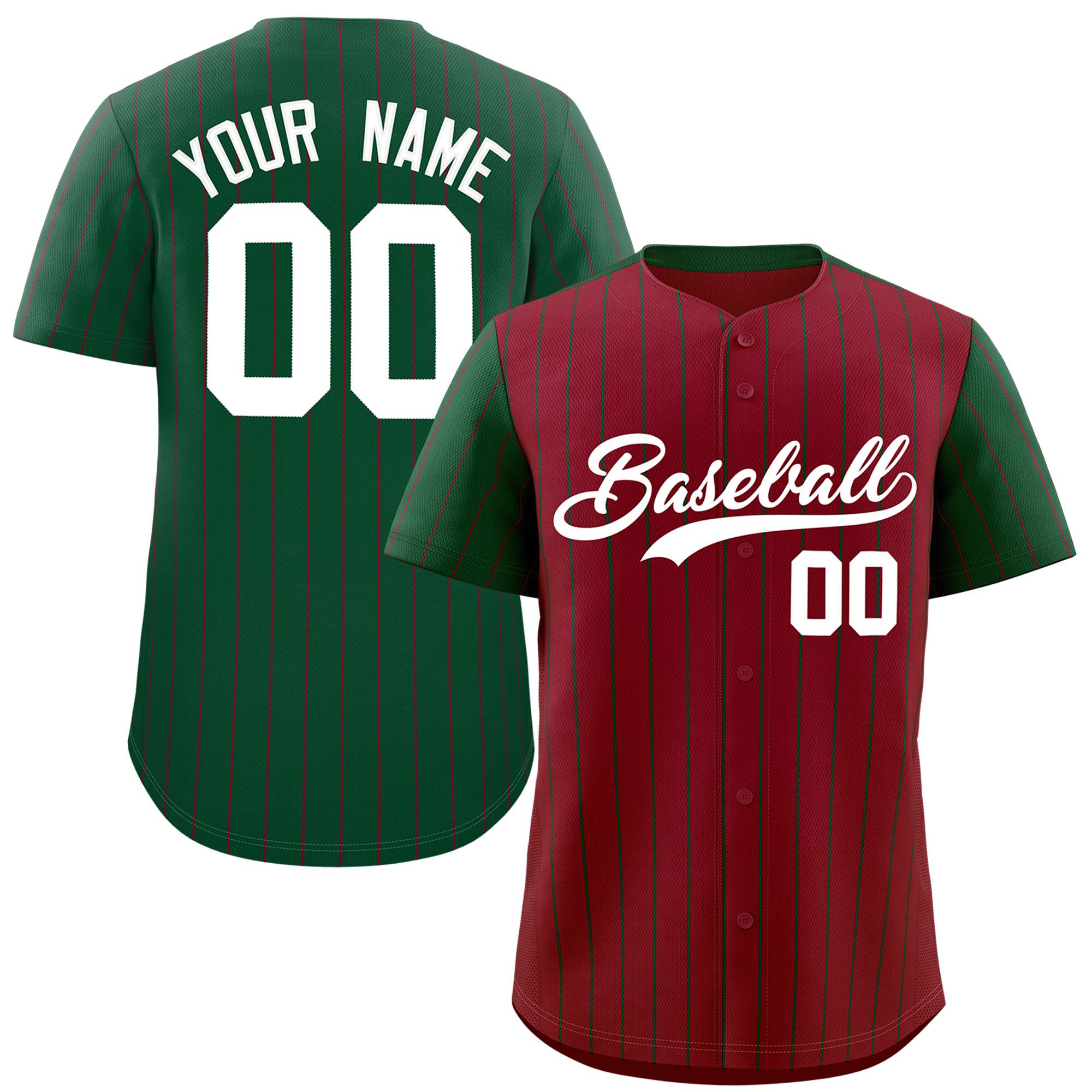 Custom Crimson Green Pinstripe Personalized Raglan Sleeves Authentic Baseball Jersey