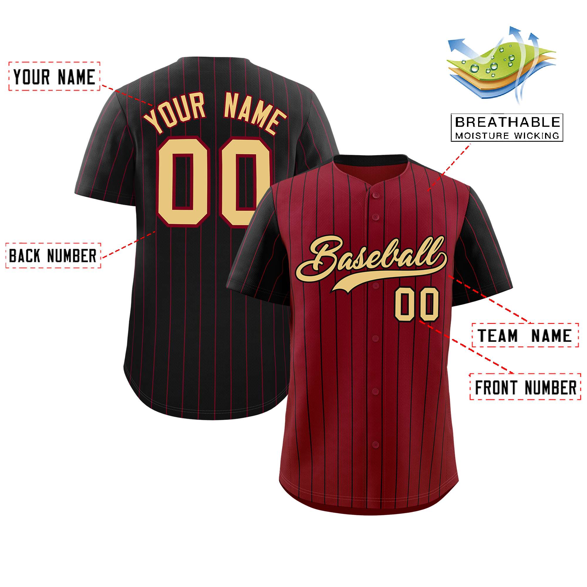 Custom Crimson Black Pinstripe Personalized Raglan Sleeves Authentic Baseball Jersey