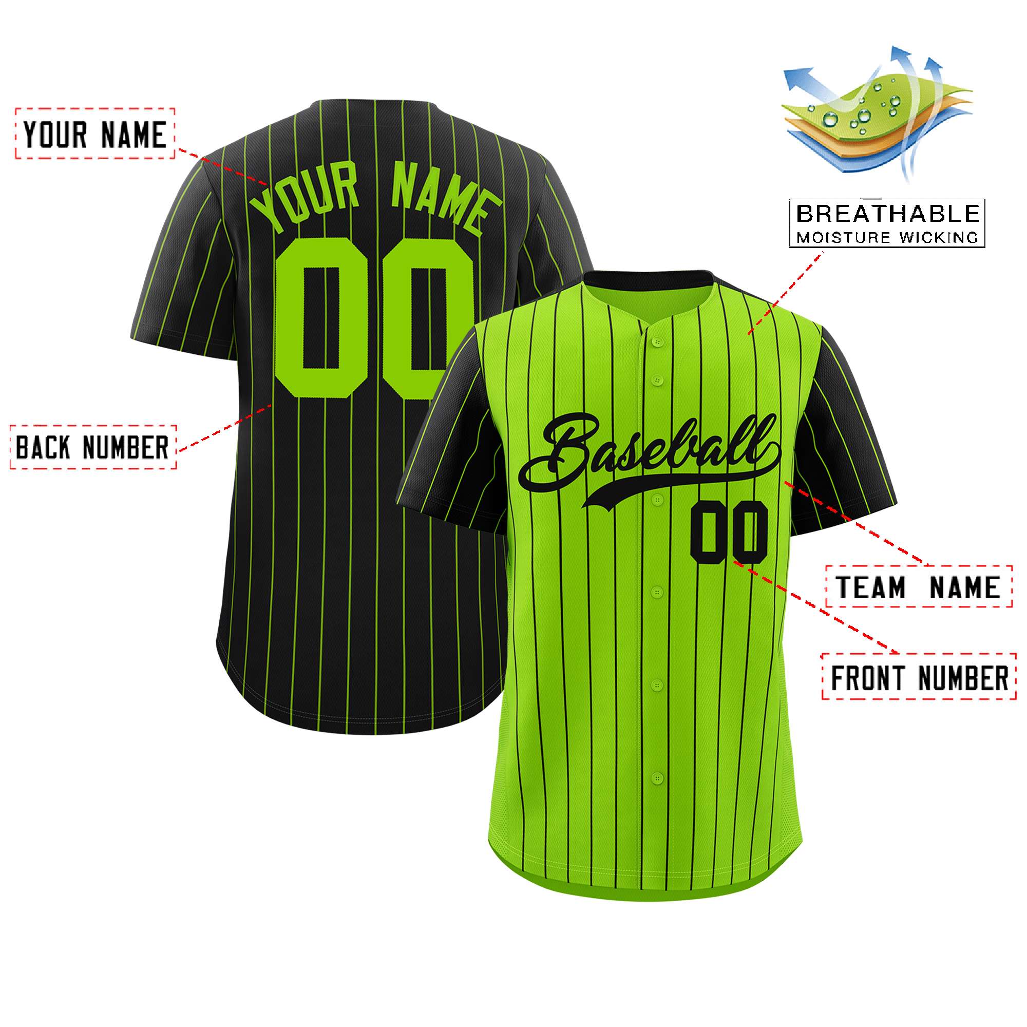 Custom Neon Green Black Pinstripe Personalized Raglan Sleeves Authentic Baseball Jersey